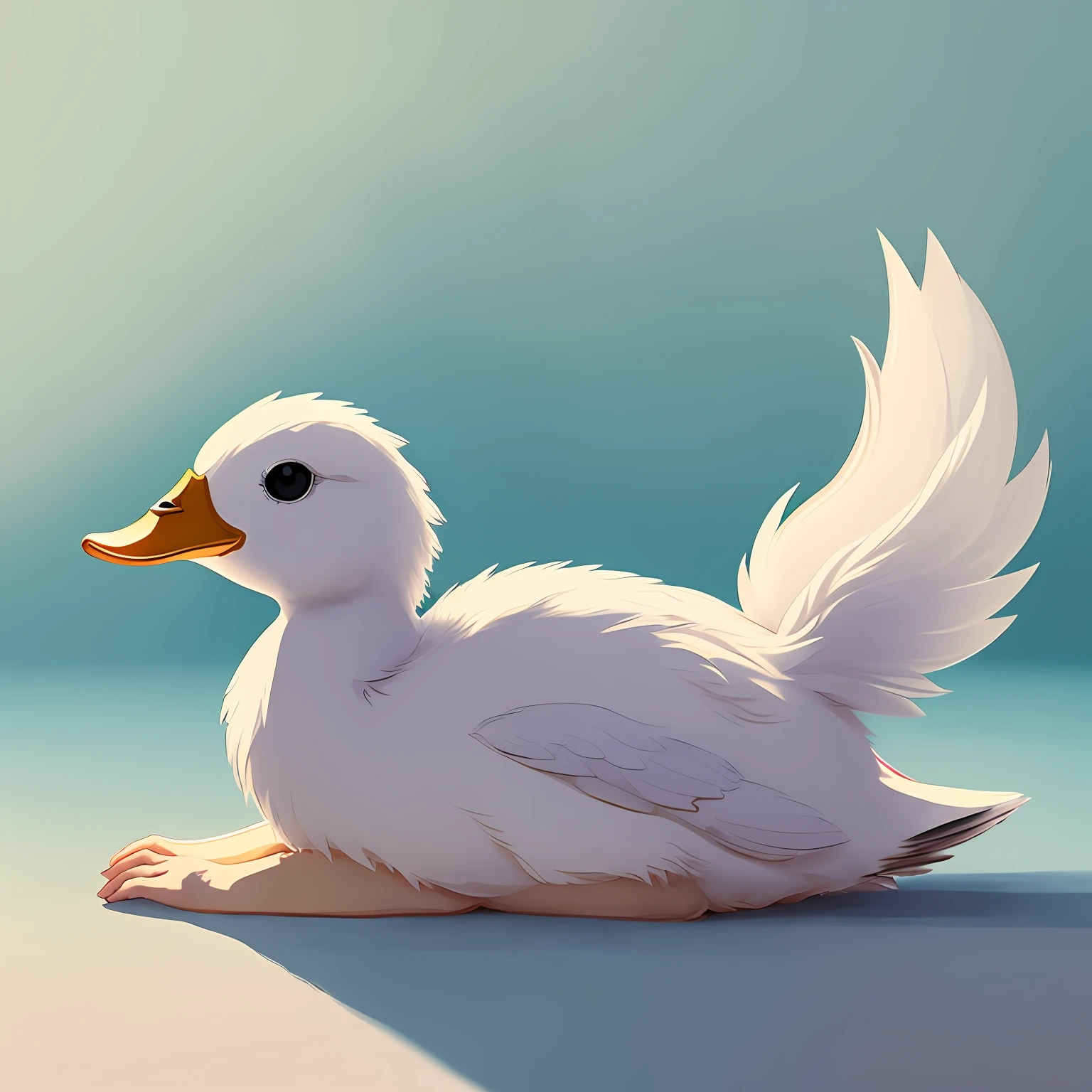 Master masterpiece, best quality, wide angle, side view, full body shot, cute wind, a duck, lying on white pillow, wearing Nike's short sleeves, drinking milk tea, simple blue background , (Studio Ghibli style, Hayao Miyazaki's art: 1.2), simplified style,