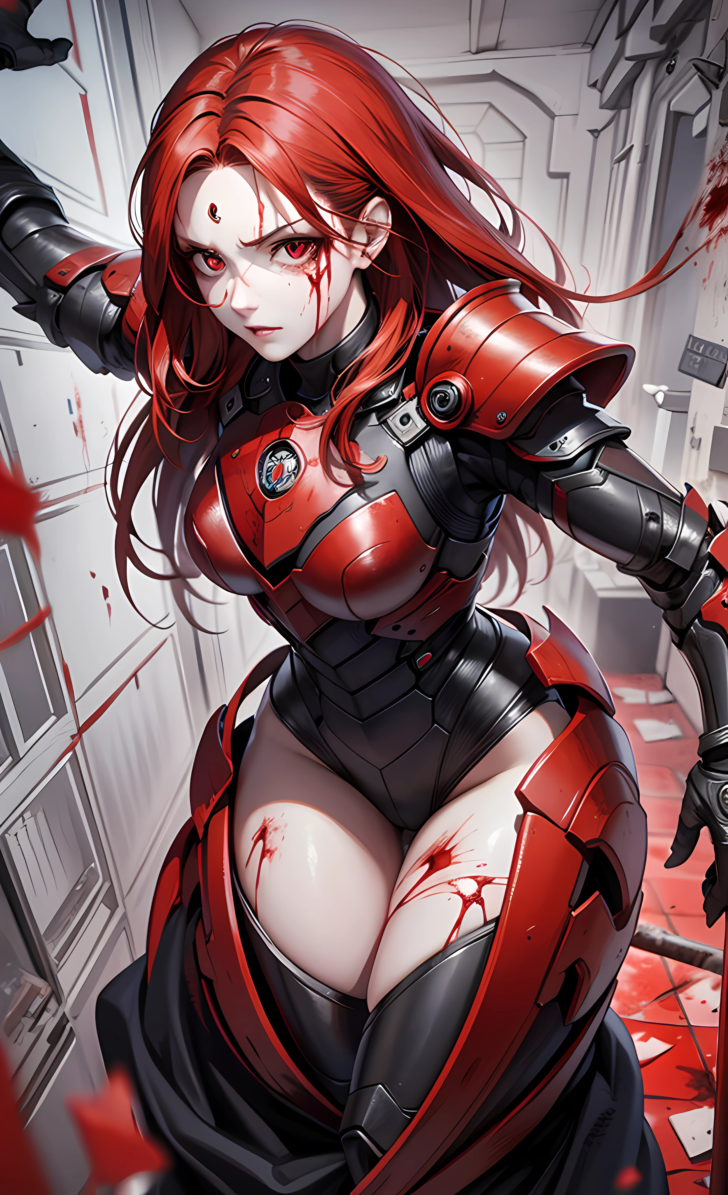 (Masterpiece), (wearing biofusion armor), upper body poster, super detailed facial expressions, ultra-clear face, like crystal version of beautiful eyes, holding a laser giant axe, behind the slain monster, best quality, 1 girl, pale skin, red hair, messy hair, red eyes, glowing eyes, creepy, blood on face, blood on clothes, walking, falling, hanging arm, loose arm, mental hospital, corridor, darkness, lighting, creepy, scary, flashing lights, blood, horror, dim light,