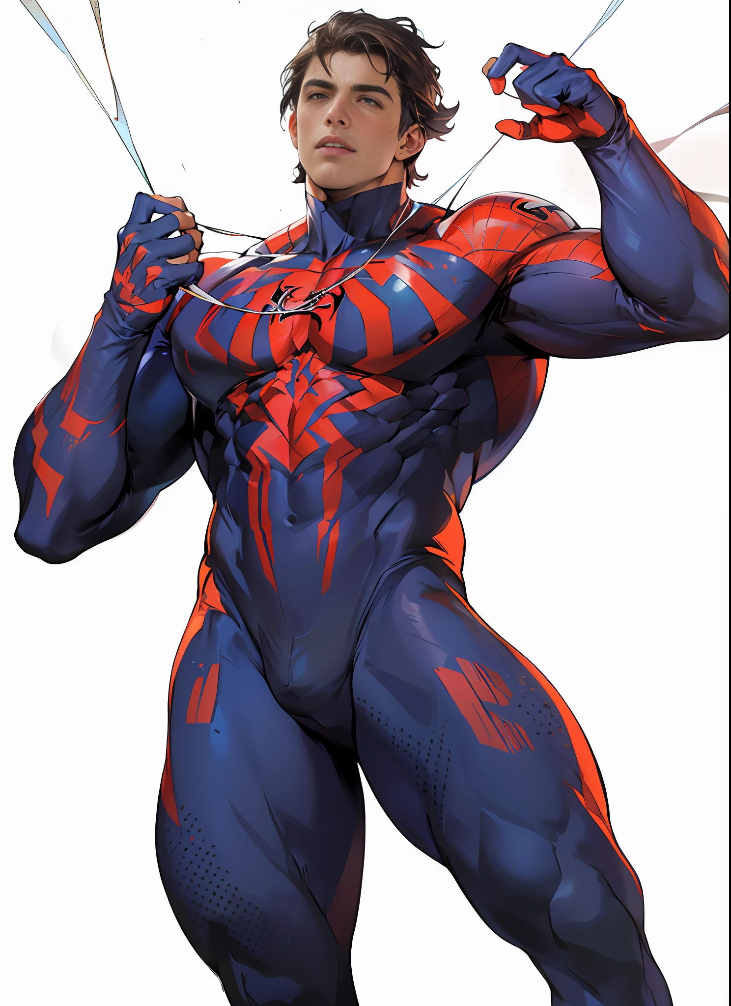 (RAW photo, best quality), (realistic, photo-realistic:1.3), Miguel o'hara wearing a spiderman's costumes, masterpiece, an extremely manly and masculine, extremely detailed, CG, unity , 2k wallpaper, Amazing, finely detail, extremely detailed CG unity 8k wallpaper, huge filesize, ultra-detailed, highres, absurdres, soft light, pietroboselli person, tan skin, detailed fingers, extremely detailed eyes and face, beautiful detailed nose, beautiful detailed eyes, light on face, looking at viewer, (1man, mature face), realistic face, realistic body, big bulge on underwear, big rounded ass