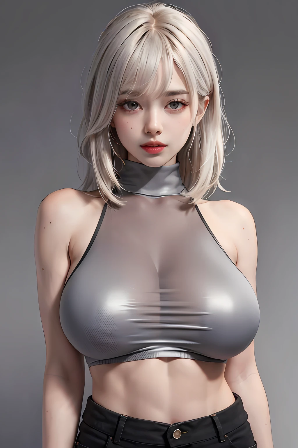 Girls, Bangs, Bare Shoulders, Black Pants, Breasts, Breasts squeezed together, Grey background, Hair between the eyes, Huge breasts, Long hair, View Viewer, Pants, Parted lips, Red eyes, Shirt, Simple background, Sleeveless, Sleeveless shirt, Solo, Turtleneck, V arm, White hair,(Shiny skin),(Masterpiece:1.4),(Best quality:1.4),,Facigirl,Red lips,Perfect abs, belly button, (nipple: 1.5), (sheer areola), nipple, huge, sweat,