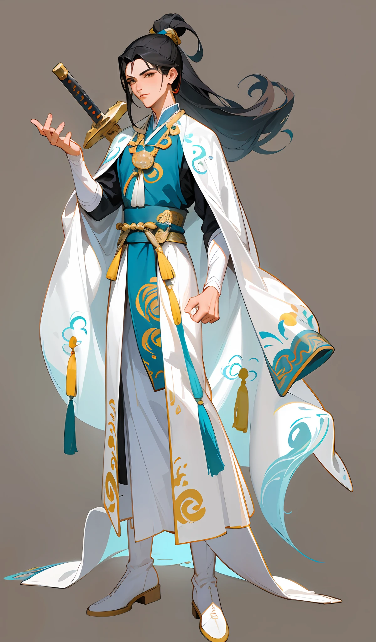 ((Full body)), masterpiece, best quality, painting, very delicate and flawless face, very handsome, handsome, handsome, (detailed facial features), standing, looking at the audience, close-up of a man in a sword costume, flowing magic robe, flowing white robe, cotton cloud mage robe, flowing hair and robe, cloud mage robe, exquisite androgynous prince, moon-themed costume, gorgeous flowing robe, beautiful celestial mage, inspired by Zhao Yuan, Xiu Xian, black hair, Chinese style, ancient style, game standing painting, Game character, five fingers, normal fingers, left hand fist, eyes looking at the camera, delicate eyes, (antique boots), carrying a long sword, antique long sword, blue pattern of clothes