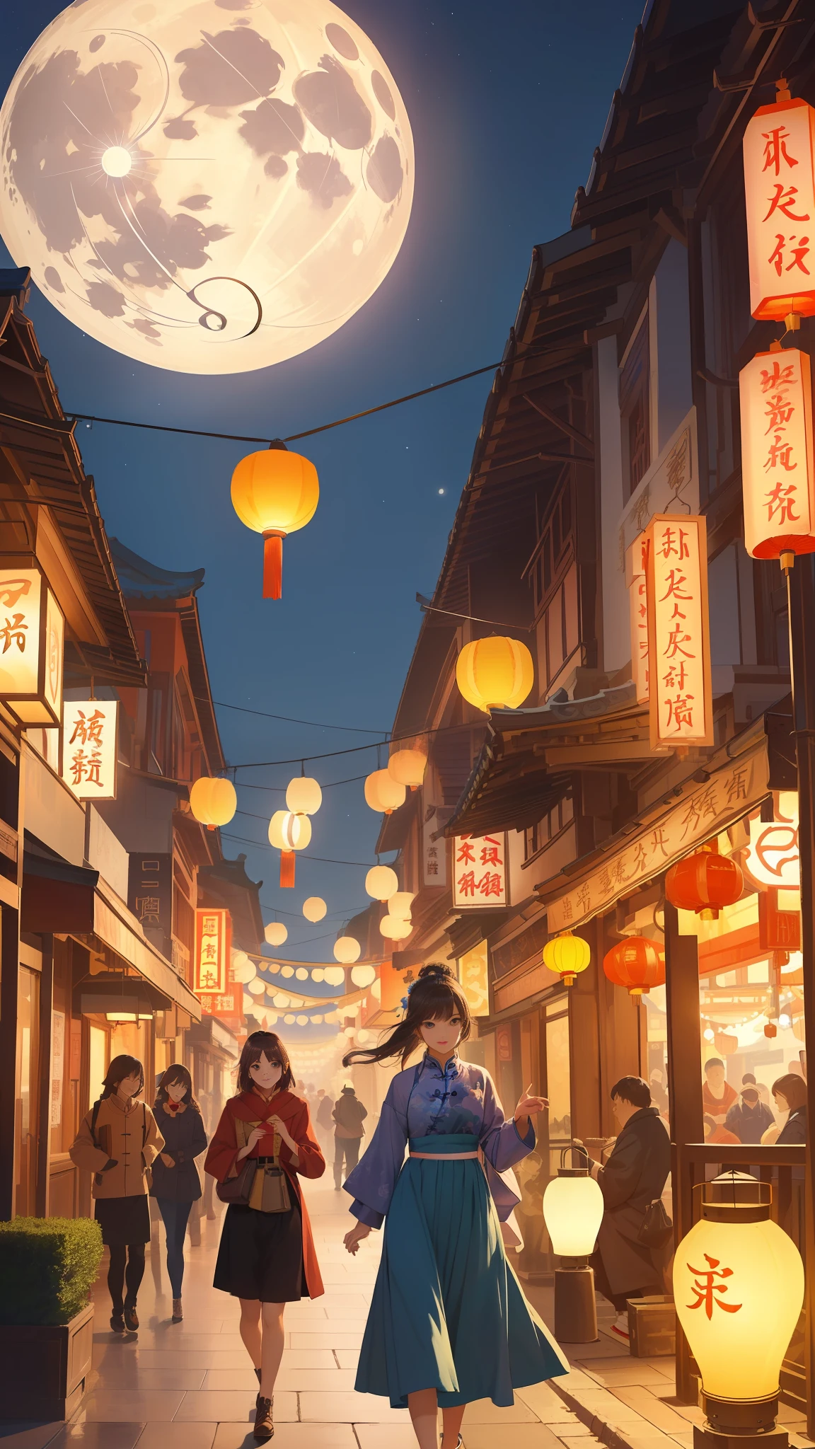 (Kong Ming Lantern: 2), (Lift Lights), Kong Ming Lantern Flying, Full Moon, Mid-Autumn Festival, Dazzling Lights, Cartoon Pictures of a Woman in a Blue Dress, Fantastic Chinese Town, Beautiful Artwork Illustration, Stylized Digital Illustration, Bustling Magical Town, Colorful Streets, Evening Lanterns, Game Illustrations, Street Lights Sparkling, Roaming with Lanterns, Art Style, Chinese Dreams, Street Lamps Glowing, Official Fanwork