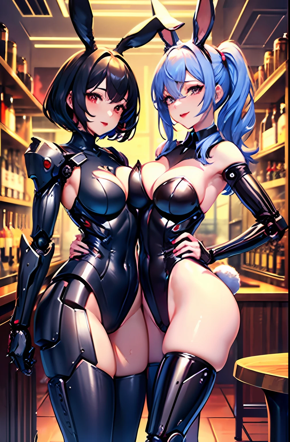 (2 girls: 1.5), (Yuri), hugs, group photo, seductive smiles, (Sexy mechanical women:1.3), five perfect fingers, (Exoskeleton Leotard:1.1), Rabbit ears, Rabbit tail, (Mechanical joints, Mechanical arms, Mechanical legs: 1.4), (exposed armpits, exposed thighs), (Long eyelashes, red lips) , (thin waist, huge chest, wide waist), cyberpunk, (bar), counter, wine, whiskey, bourbon,