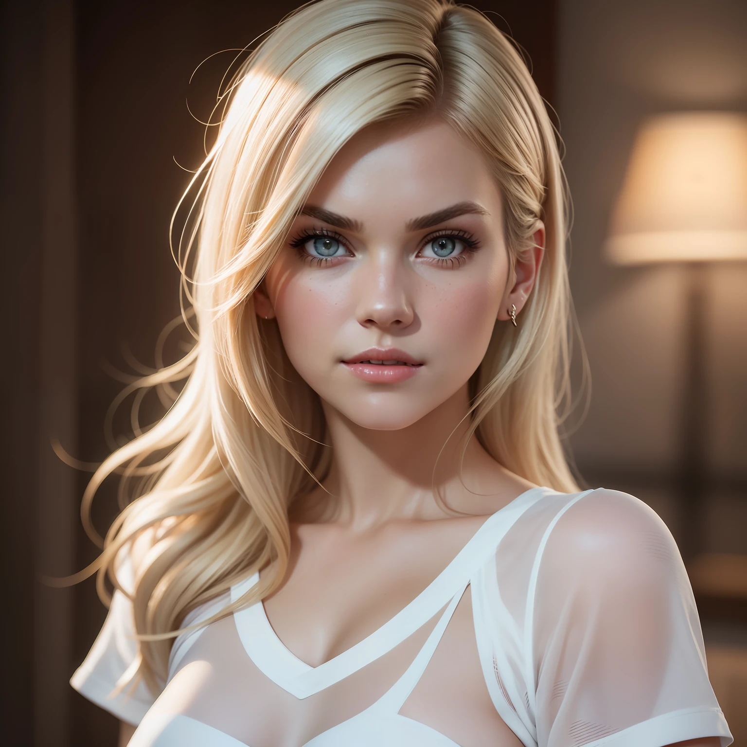 ((Elisha Ann Cuthbert)), dressed, (photorealistic:1.4), (hyperrealistic:1.4), (realistic:1.3), (more uniform lighting: 1.05), (improvement of cinematic lighting quality: 0.9), 32K, 1girl, 20yo girl, realistic lighting, backlight, light on face, raytrace, (brightening light: 1.2), (increase quality: 1.4), (best quality real texture skin: 1.4), finely detailed eyes, finely detailed face, fine quality eyes, (tired and sleepy and satisfied: 0.0), close-up of face, T-shirts, (Increase the mood of body line: 1.1), (Increase the beauty of skin texture: 1.1)