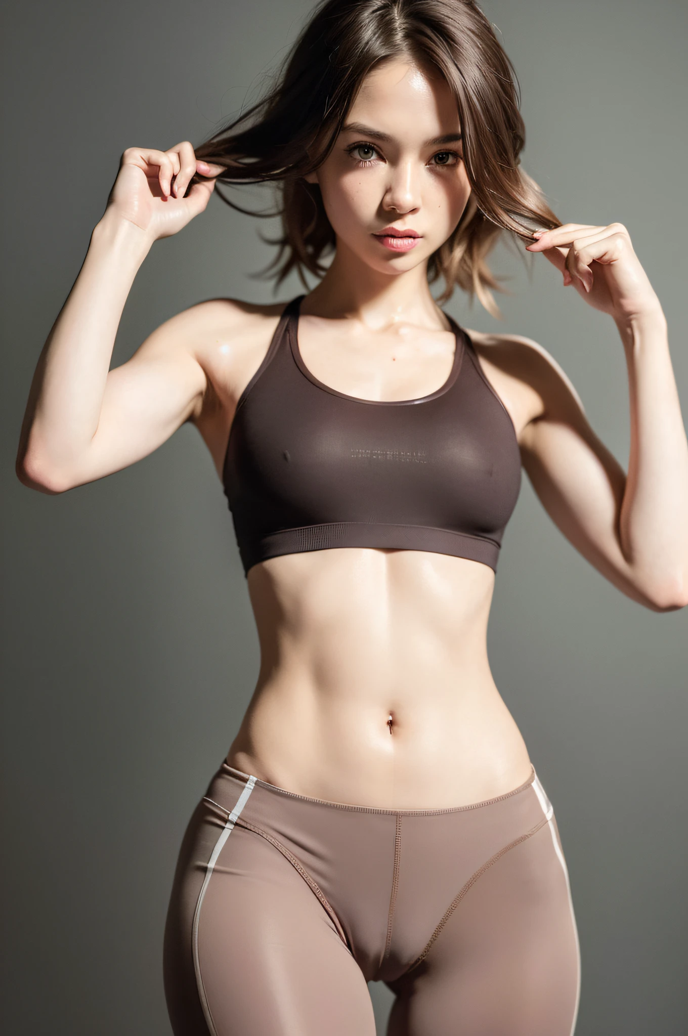 (solo), (a detailed full body RAW photo of a girl), (masterpiece:1.0), (best quality:1.4), (ultra highres:1.2), (photorealistic:1.4), 8k resolution, Canon EOS R5, 50mm, absurdres, ultra detailed, (18yo), sharp focus, cinematic lighting, detailed beautiful face, (makeup:1.2), (ulzzang-6500-v1.1), petite figure, detailed skin texture, pale skin, flat chest, (skinny and fit body:1.3), thigh gap, detailed brown hair, (very messy hair:1.5), (Avril Lavigne:0.7), smiling, (sports bra, sports leggings:1.4), realistic glistening skin, (bedroom:1), (cameltoe:1.3), (sweating:1.45), slim waist, seductive smile, solo