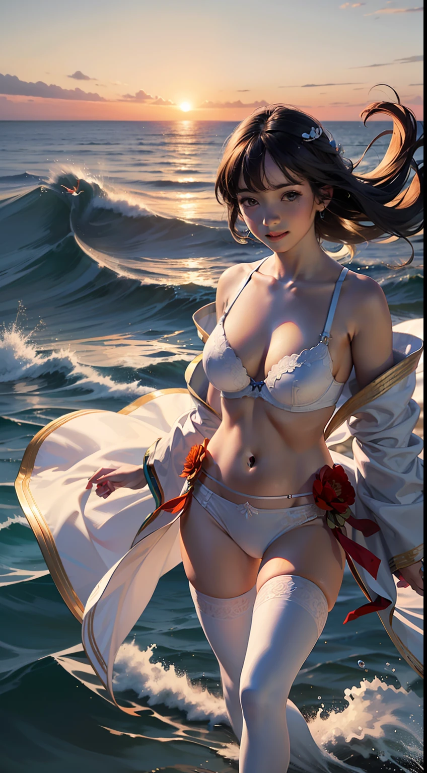 (8k, best quality, masterpiece:1.2), (realistic, photo-realistic:1.5), 1girl, cute, (smile:1.15), (closed mouth), medium breasts, beautiful detailed eyes, (Hanfu, tang, Tang Dynasty, Tang clothing: 1.4),full body, ((topless)), ((bra)), (((white thighhighs without shoes))), ((cute pose)), There are many scattered luminous petals,Hidden in the light yellow flowers,Depth of field,Many flying drops of water,Many scattered leaves,branch ,angle ,contour deepening,cinematic angle, walking, waves, wind,(((glistening light of waves))),(detailed sunset glow),(floating flow),((coral)),(Luminous),coast,(floating colorful bubbles),beautiful detailed sky,(fluorescence),detailed shadow,(conch),beautiful detailed water, starfish, meteor, rainbow,(seabirds),(glinting stars), (glowworm),(splash),detailed cloud, shell,(fireworks)