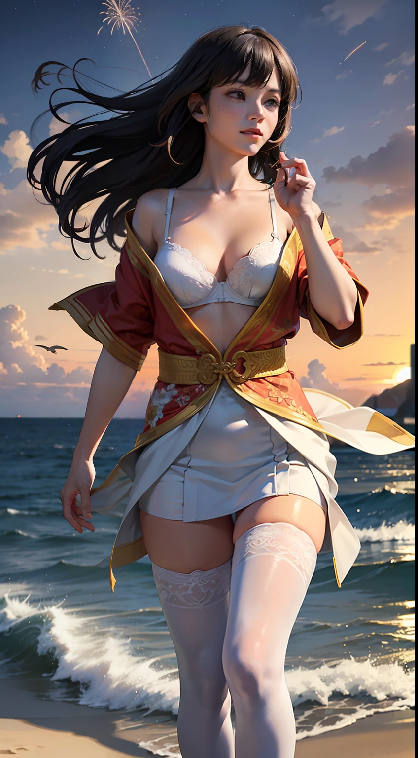 (8k, best quality, masterpiece:1.2), (realistic, photo-realistic:1.5), 1girl, cute, (smile:1.15), (closed mouth), medium breasts, beautiful detailed eyes,  (Hanfu, tang, Tang Dynasty, Tang clothing: 1.4),full body,  ((topless)), ((bra)), (((white thighhighs without shoes))), ((cute pose)), There are many scattered luminous petals,Hidden in the light yellow flowers,Depth of field,Many flying drops of water,Many scattered leaves,branch ,angle ,contour deepening,cinematic angle, walking, waves, wind,(((glistening light of waves))),(detailed sunset glow),(floating flow),((coral)),(Luminous),coast,(floating colorful bubbles),beautiful detailed sky,(fluorescence),detailed shadow,(conch),beautiful detailed water, starfish, meteor, rainbow,(seabirds),(glinting stars), (glowworm),(splash),detailed cloud, shell,(fireworks)