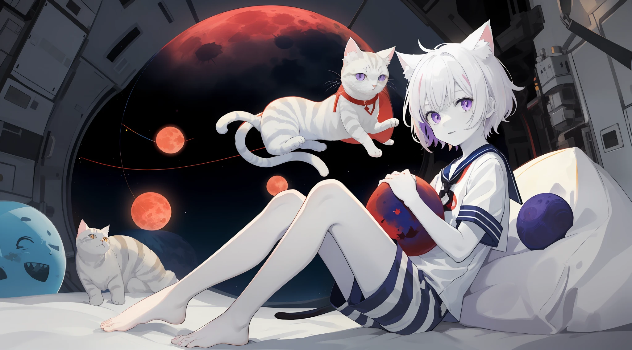 ((Pale Skin)), (), (Red Moon), (Short Hair), (Purple Eyes), (White Hair), (Blue and White Striped Sailor Suit), (Blue and White Striped Shorts), (Barefoot), (Happy), (Cat Ear Tail), (Handsome), (Lying on the Moon), (Zombie), (Space Station Background)