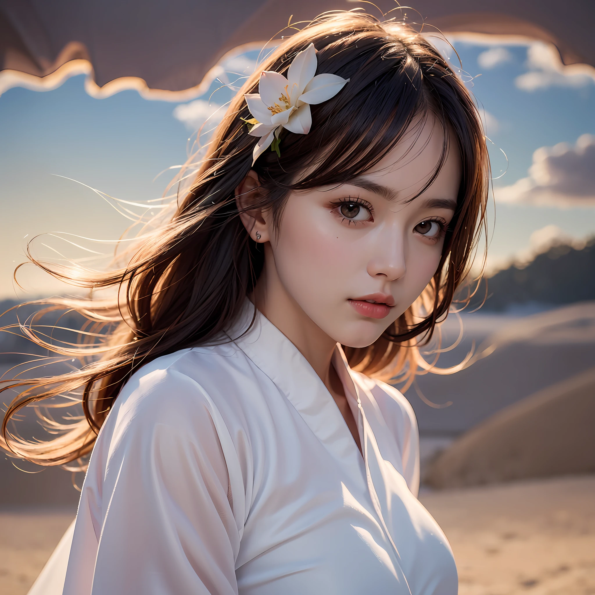 Real Photo, Original Photo, Realistic: 1.6,1 Girl, MX Girl, Solo, Close Up, Wearing Hanfu, Tang Style, White Breasted Treasure Skirt, An Ethereal Goddess Dressed in Cloud-like Dress, Floating Effortlessly in Fog Clouds, Best Quality, Ultra High Resolution, (Realistic: 1.4), Masterpiece, High Resolution, Original, Extremely Detailed Wallpaper, Detailed Background, Sunset, Warm Color Temperature, Pink Tiftan