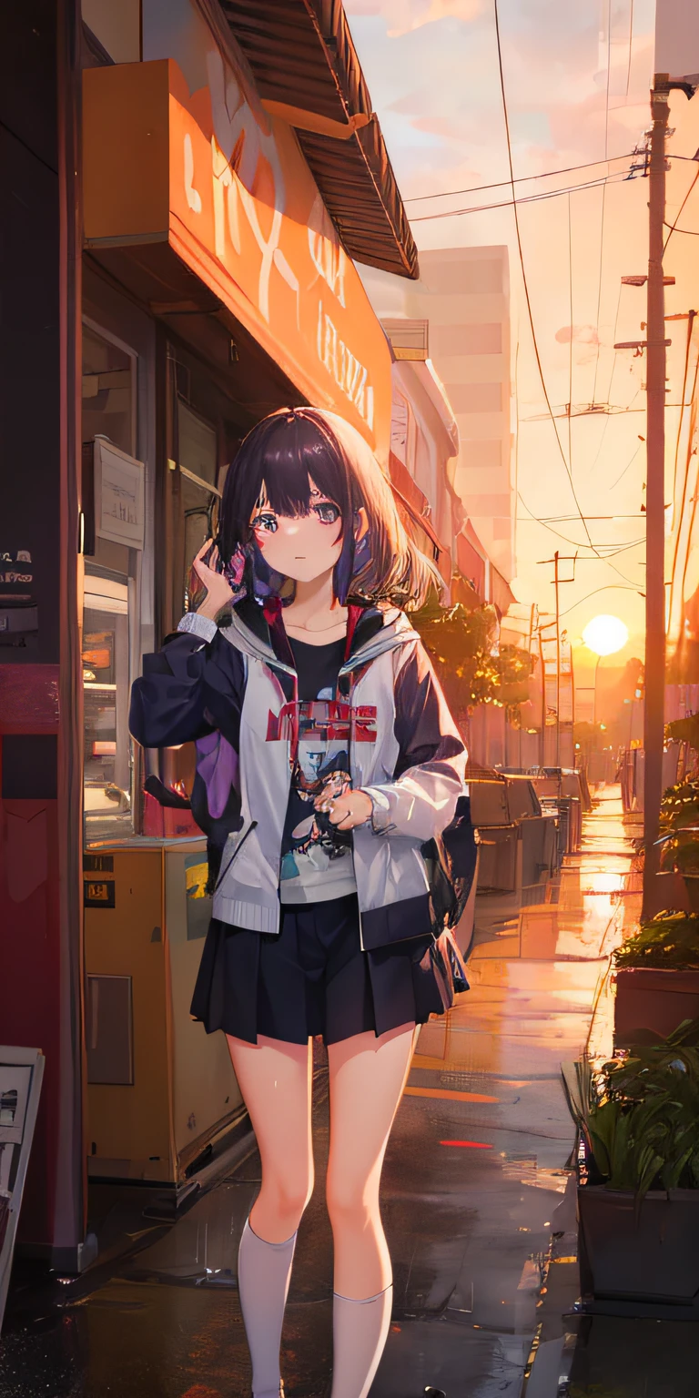 masterpiece, best quality, high resolution, solo, purple eyes, outdoor, rain, neon, clothes going out, embarrassment, anxiety,, messy clothes, orange sunset, dim, high school students in nursery,