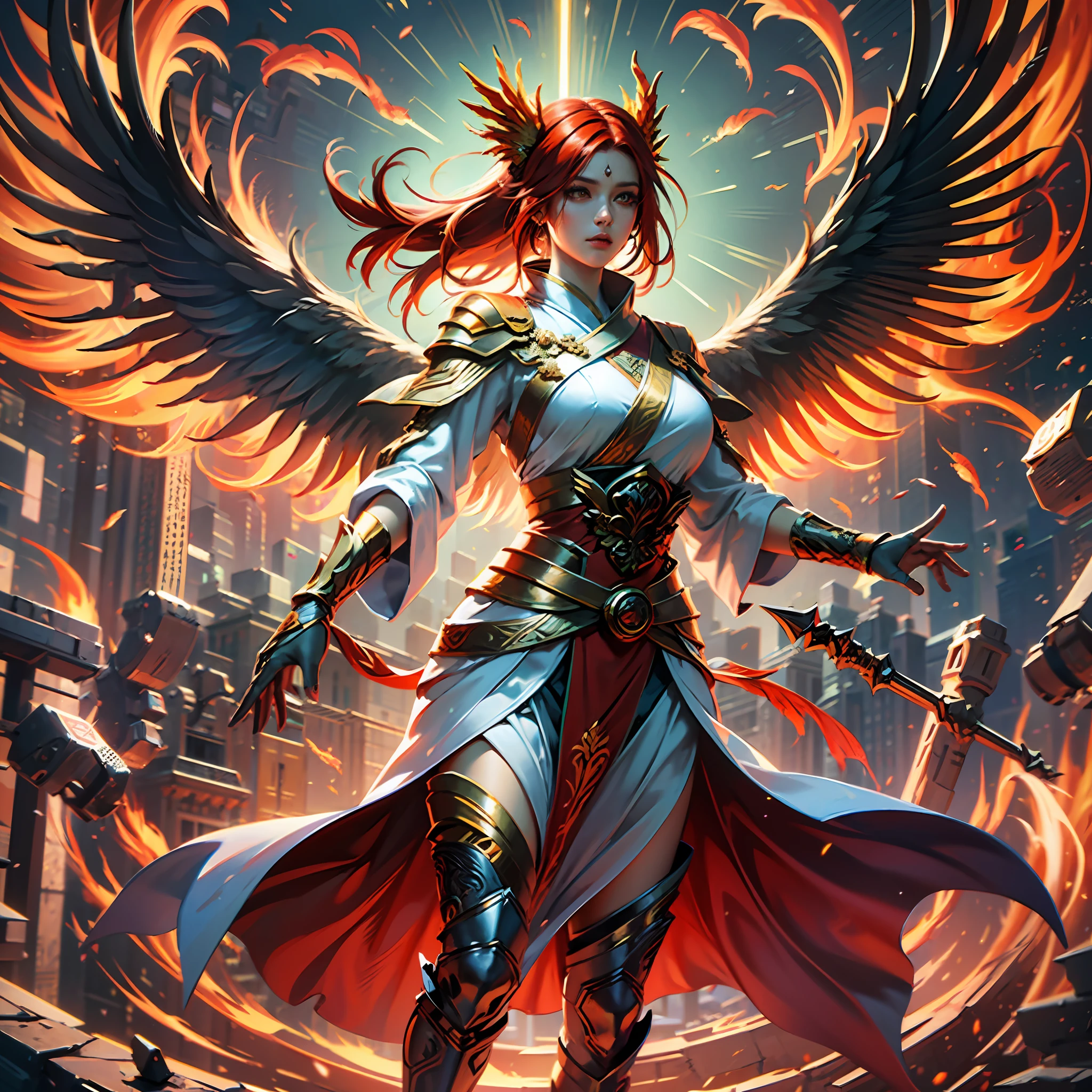 A flame mage is dressed in fiery red (Chinese Han costume) with intricate runes and ornaments embroidered on his robe, exuding a scorching aura. He was tall and powerful, his hands were raised, and powerful flame spells were being released. His eyes were firm and sharp, a flash of fire flashed in his eyes, behind the flame mage, (A huge flame phoenix spreads its wings and flies: 1.2), (the phoenix's feathers burn with roaring flames), emitting dazzling light, its body is surrounded by flames, the flame feathers dance, forming a spectacular flame six-pointed star array pattern, full of mysterious magic, the whole scene is full of fiery breath and the passion of battle, a large area of flame spells bloom in the air, forming a brilliant flame arc and a flying spark, (Flame Mage and Phoenix), in the raging fire looks majestic and mysterious, like the embodiment of fire and magic, red hair, high detail, surrealism, realism, (real photo: 1.4) , (chiaroscuro), cinematic lighting, realistic special effects, C4D rendering, octane rendering, ray tracing, panorama, POV, textured skin, super detail, UHD, masterpiece, anatomically correct, best quality, high resolution, 8k