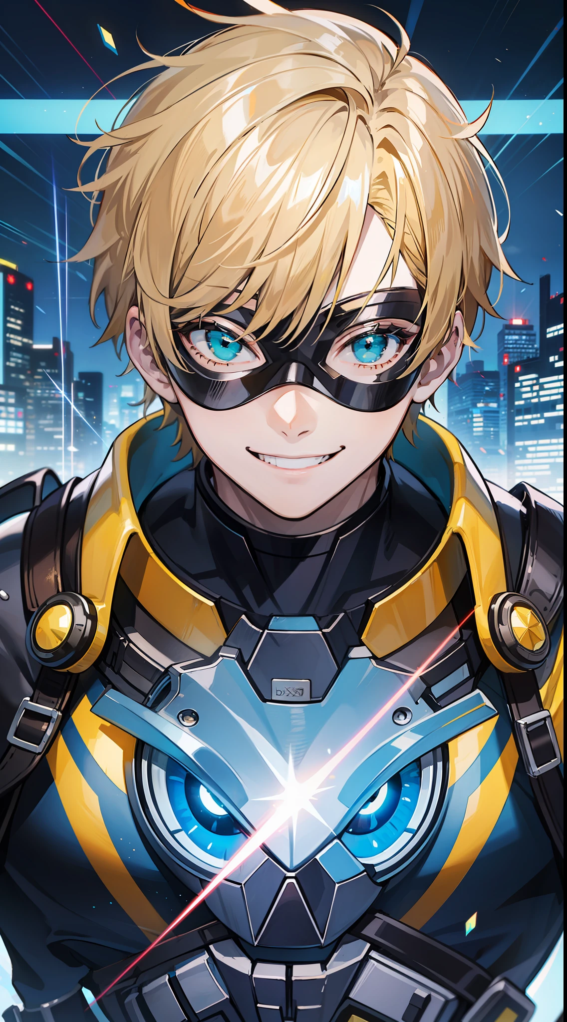 Young guy, short blonde hair, cyan eyes, yellow blue superhero costume, superhero mask, smile, laser, masterpiece, high quality