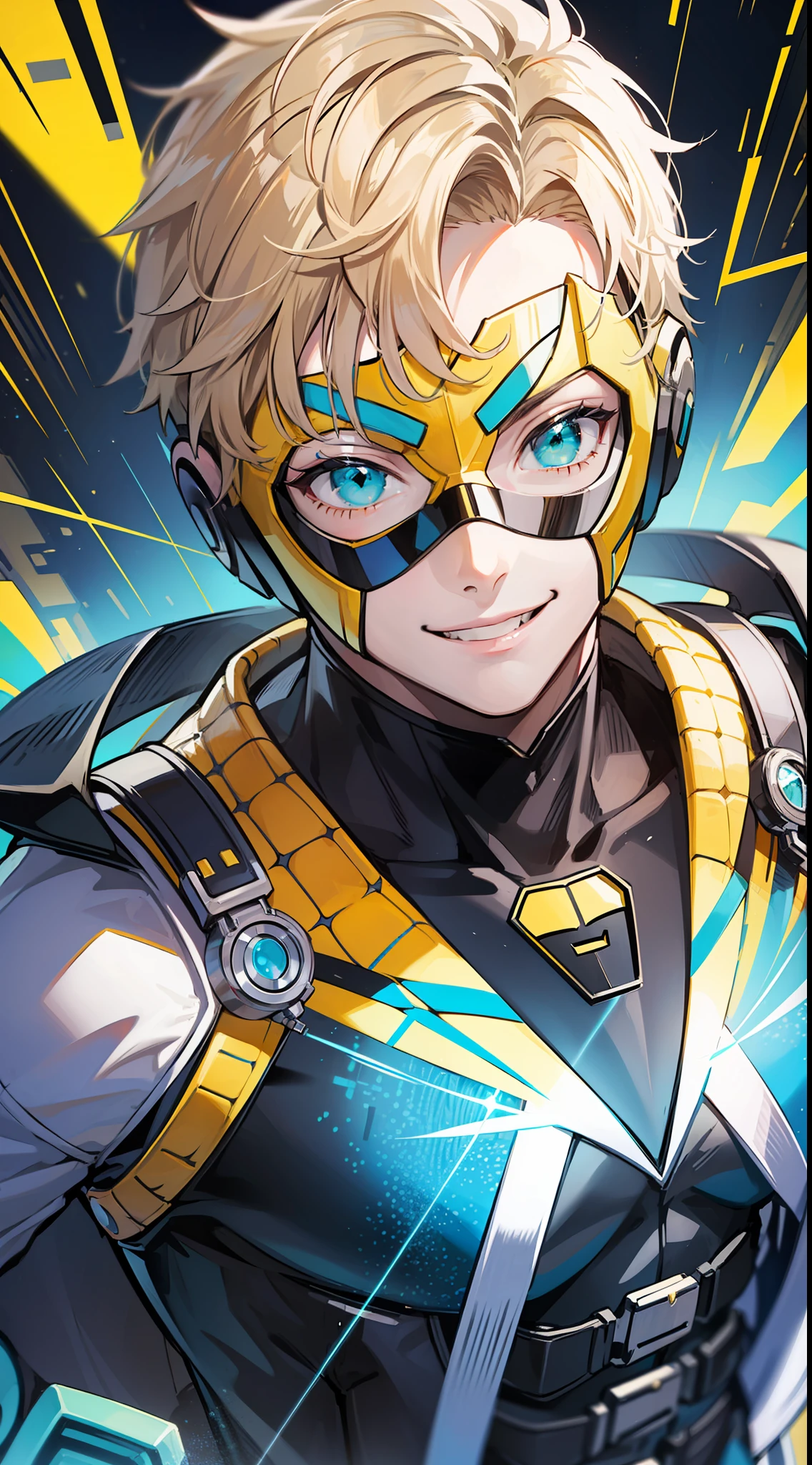 Young guy, short blonde hair, cyan eyes, yellow blue superhero costume, superhero mask, smile, laser, masterpiece, high quality