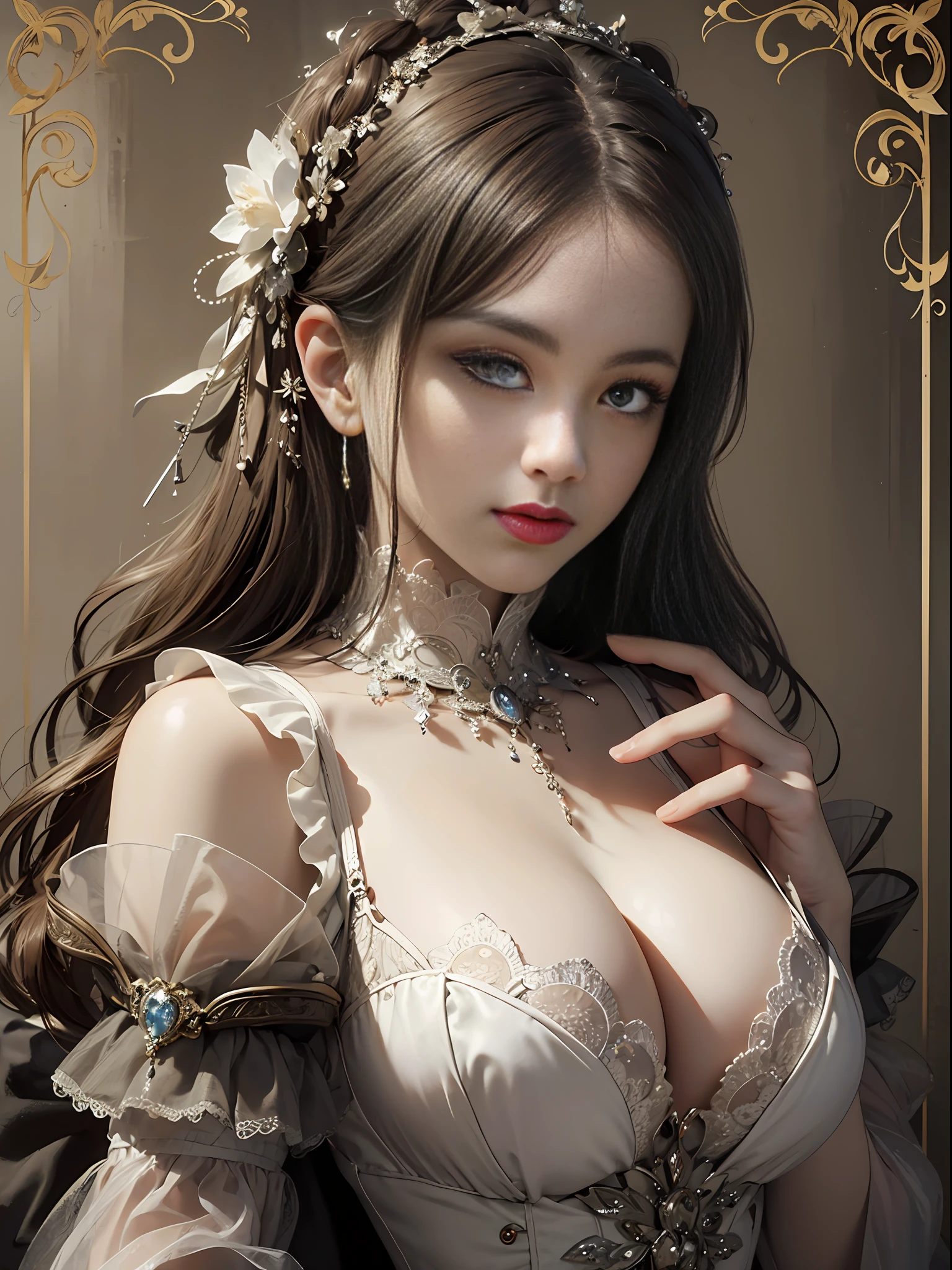 (Pure Color: 0.9), (Color: 1.1), (Masterpiece: 1,2), Top Quality, Masterpiece, High Resolution, Original, Highly Detailed Wallpaper, Beauty, Victorian, Dress, Melancholy, Big Breasts, Sepia Color, 40 years old --auto --s2