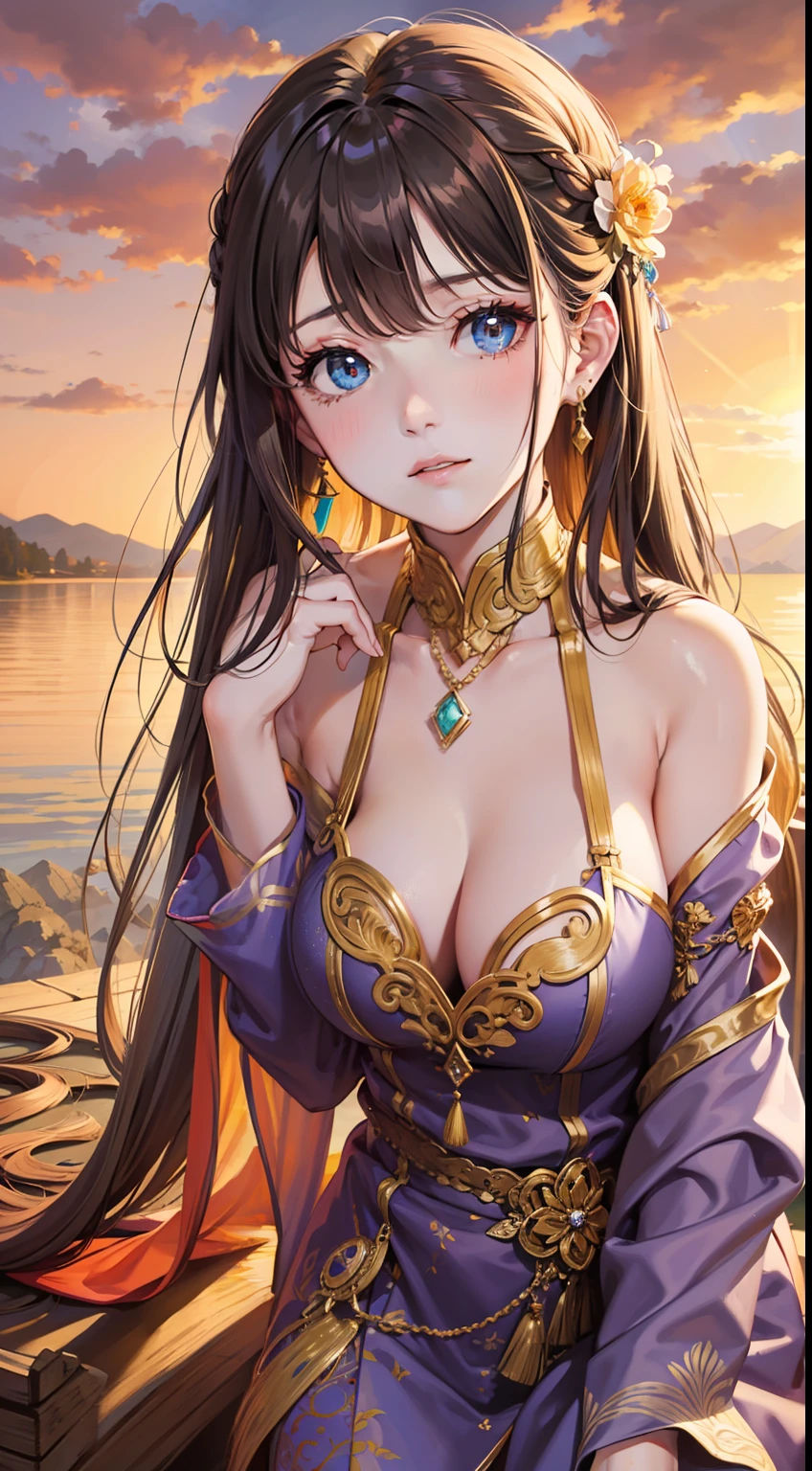 1 girl, serene expression, mesmerizing eyes, straight long hair, flowing dress, poised posture, porcelain skin, subtle blush, crystal pendant
BREAK
golden hour, (rim lighting):1.2, warm tones, sun flare, soft shadows, vibrant colors, painterly effect, dreamy atmosphere
BREAK
scenic lake, distant mountains, willow tree, calm water, reflection, sunlit clouds, peaceful ambiance, idyllic sunset, ultra detailed, official art, unity 8k wallpaper
, zentangle, mandala,