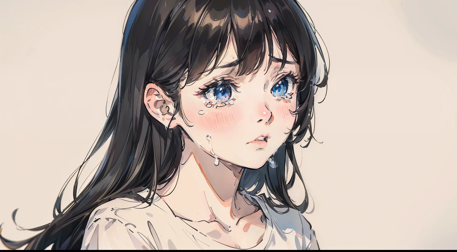 masterpiece, top quality, very delicate and beautiful, super definition, high-resolution, very elaborate, illustration, realistic, tearful woman, white Y-shirt, long black hair