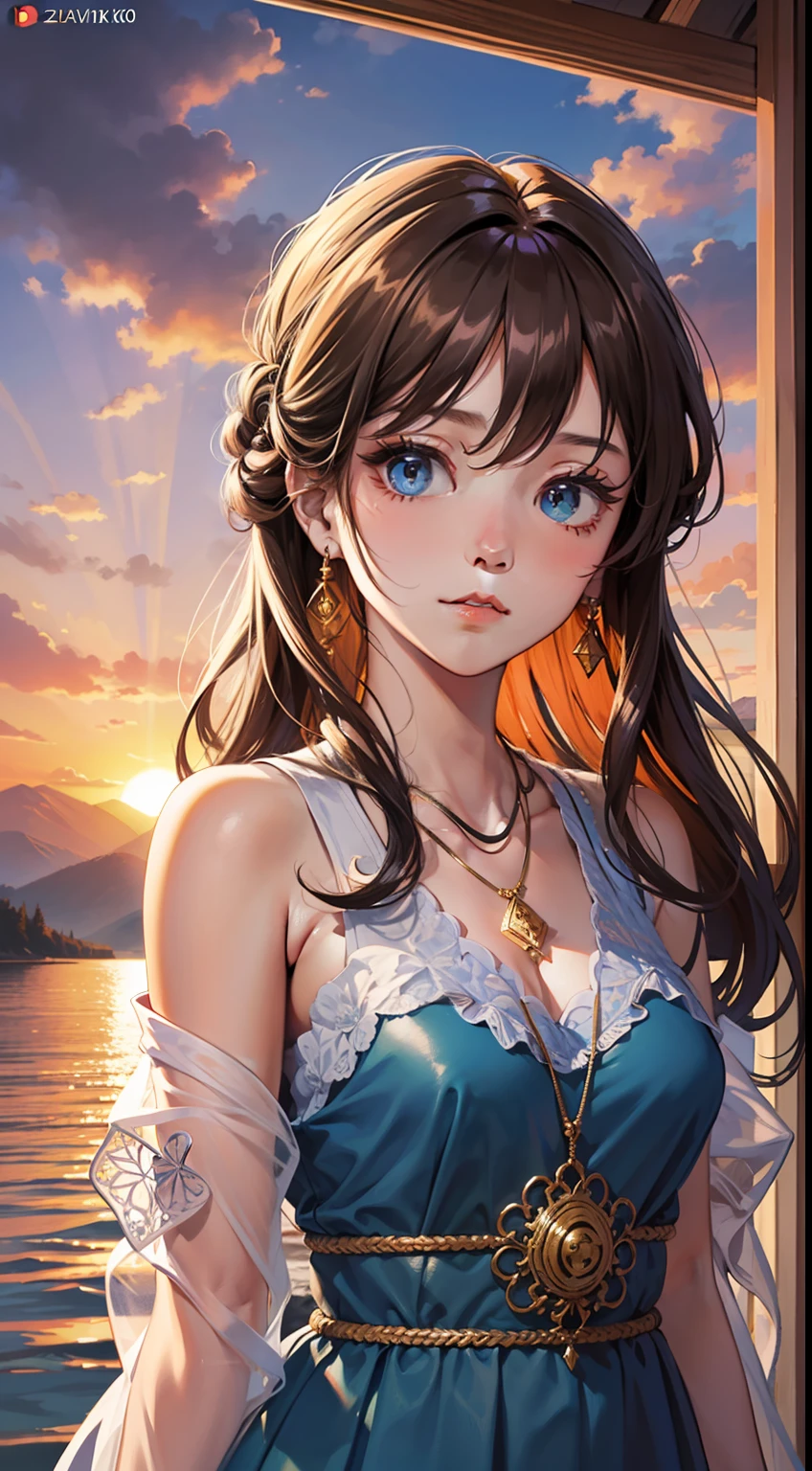 1 girl, serene expression, mesmerizing eyes, straight long hair, flowing dress, poised posture, porcelain skin, subtle blush, crystal pendant
BREAK
golden hour, (rim lighting):1.2, warm tones, sun flare, soft shadows, vibrant colors, painterly effect, dreamy atmosphere
BREAK
scenic lake, distant mountains, willow tree, calm water, reflection, sunlit clouds, peaceful ambiance, idyllic sunset, ultra detailed, official art, unity 8k wallpaper
, zentangle, mandala,
