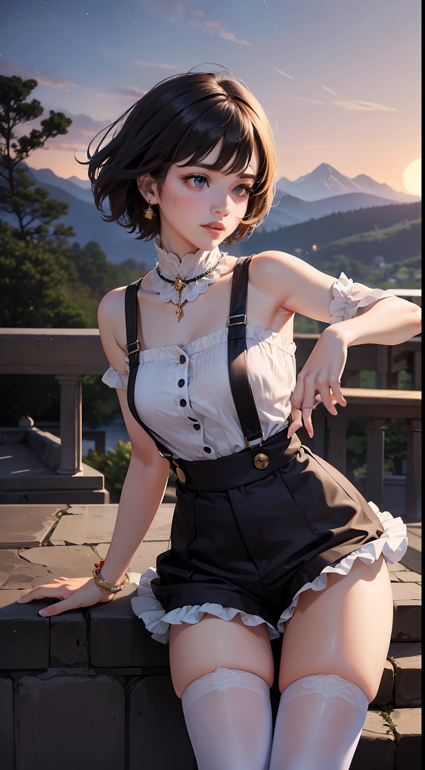 8K, (Original), (Very Detailed Wallpaper), (Best Quality), (Masterpiece), Photographic Reality, Realistic, Very Detailed Illustrations, Best Lighting, Best Shadows, Extremely Delicate and Beautiful, Epic Light and Shadow, Panorama, Very Wide Lens, M-shaped Legs, Open Legs, Camel Toes,
night, moonlight, at the top of the castle, starry sky, palace, mountain, tree, wind, tassel, silk suspenders, silk bloomers pull, bare shoulders, put hand on the other arm,
1 girl, beautiful and delicate eyes, perfect face, short hair, striped hair, crystal ornaments, train (clothes),