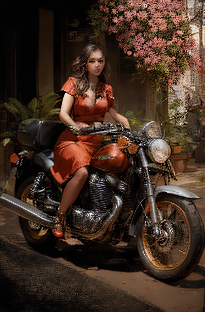 woman in red dress sitting on motorcycle on street with plants, octane cgsociety, 🌺 cgsociety, motorcycle, stunning digital illustration, octane trending on cgsociety, photorealistic artstyle, cgsociety masterpiece, beautiful digital artwork, amazing photorealistic graphics, in style of digital illustration, inspired by Rudy Siswanto, alexey egorov, cgsociety inspired