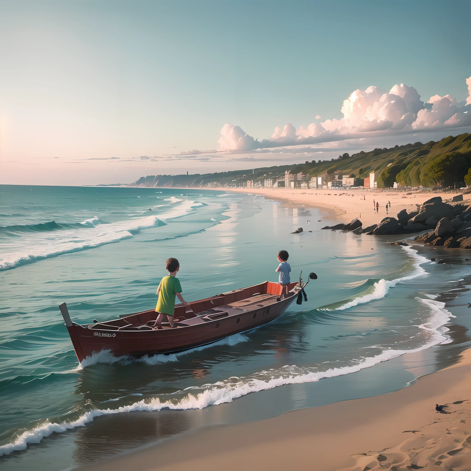 A group of small ren playing on the beach by the sea with boats in the distance --auto