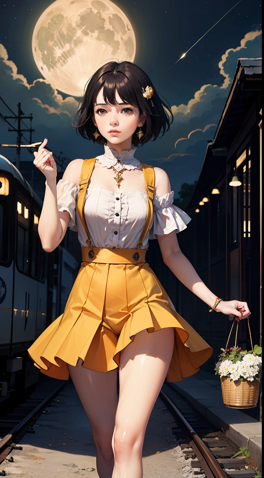 8K, (Original), (Very Detailed Wallpaper), (Best Quality), (Masterpiece), Photographic Reality, Realistic, Very Detailed Illustrations, Best Lighting, Best Shadows, Extremely Delicate and Beautiful, Epic Light and Shadow, Panorama, Very Wide Lens, M-shaped Legs, Open Legs, Camel Toes,
night, moonlight, at the top of the castle, starry sky, palace, mountain, tree, wind, tassel, silk suspenders, silk bloomers pull, bare shoulders, put hand on the other arm,
1 girl, beautiful and delicate eyes, perfect face, short hair, striped hair, crystal ornaments, train (clothes),