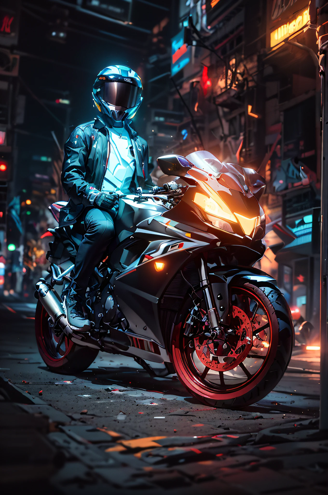 best quality, masterpiece, high quality, realistic, finely detailed, ultra high res,1 boy with a helmet riding a motorcycle, Mechanical body, Mechanical clothers, mecha, Glowing helmet, sitting on a motorcycle, (Neon clothes:1), background, hlurry, starry sky, colourful background, bokeh, (neon light:1), portrait, sidelocks, Cyberpunk clothes, Glowing clothes,