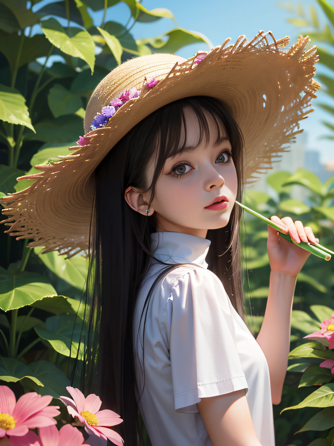 HD, depth of field, summer, smaller head, sideways, black hair, yellow straw hat, sorissos, anime, lace, high neck, short sleeves, suburbs, surrounded by colorful flowers and plants, oil painting style,