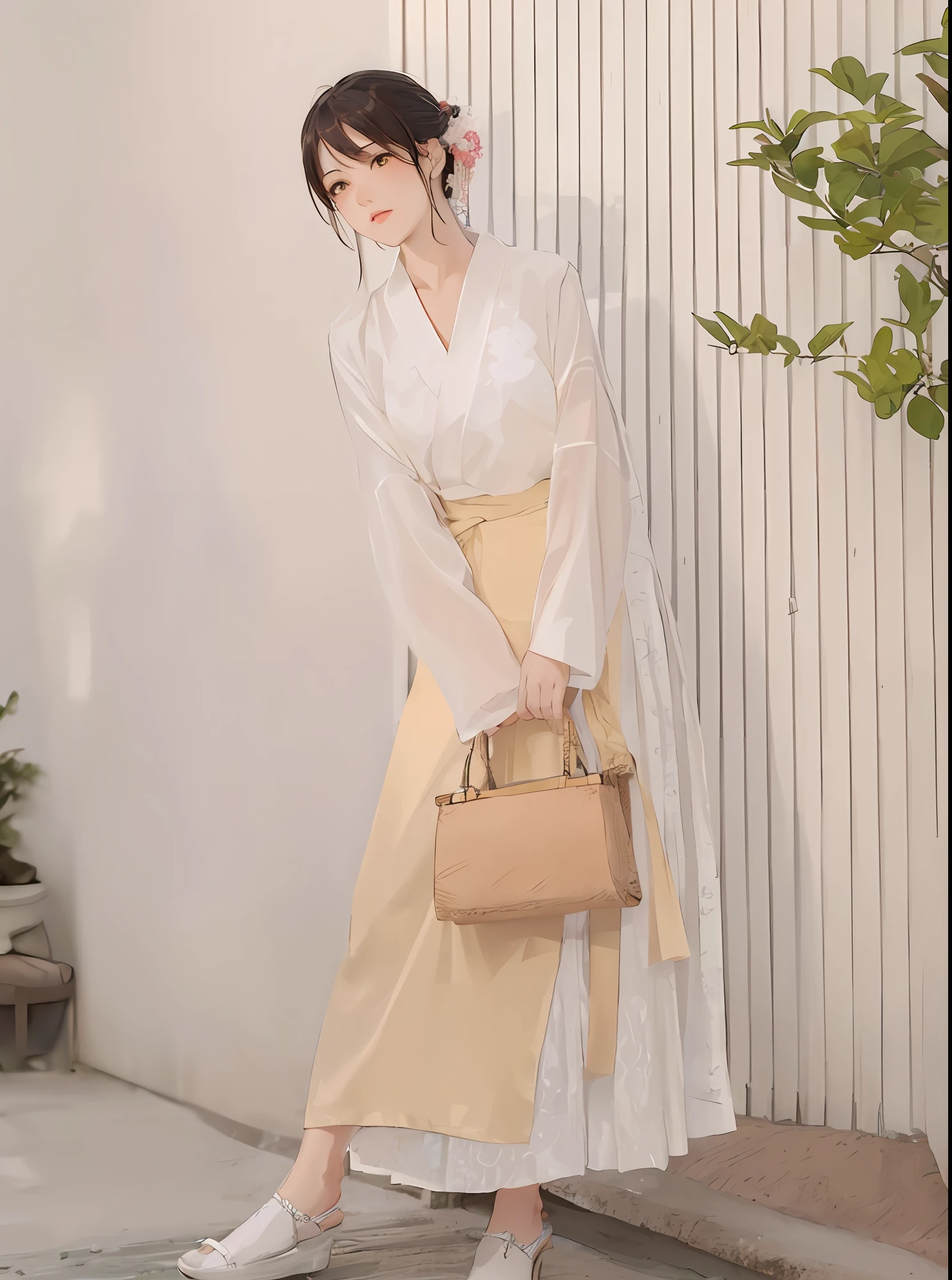 a woman in a white blouse and yellow skirt holding a brown purse, white hanfu, hanfu, dressed with long fluent clothes, with acient chinese clothes, traditional chinese clothing, pale and coloured kimono, wearing wheat yellow gauze, korean hanbok, wearing ancient chinese clothes, japanese clothes, hanbok, hanbok apron, palace , a girl in hanfu
