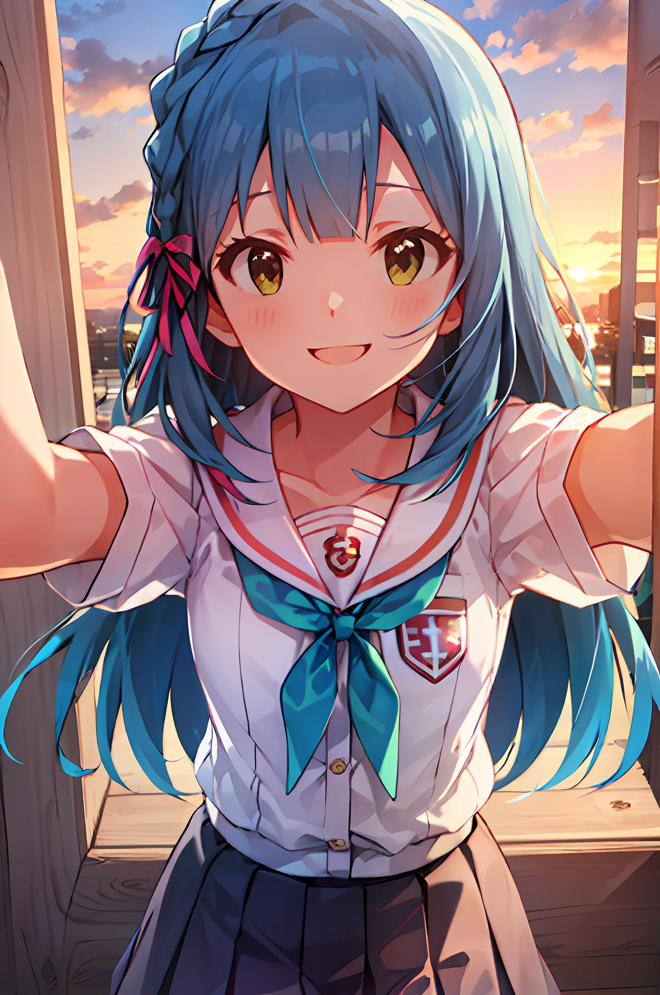 Yuriko Nanao (Million Live), (Top Quality, 8K, Masterpiece, Super Detail: 1.2), Cinematic Angle, Wide Shot, 1 Girl, Solo, Skirt, Watch Audience, Sailor Color, Pleated Skirt, Short Sleeves, School Uniform, Blush, Serafuk, Clavicle, Ribbon, Upper Body, Adjusted Hair, Wind, Floating Hair,Spread Arms. (((((smile))).sunset.small breasts.open your mouth. (((helplessness))).