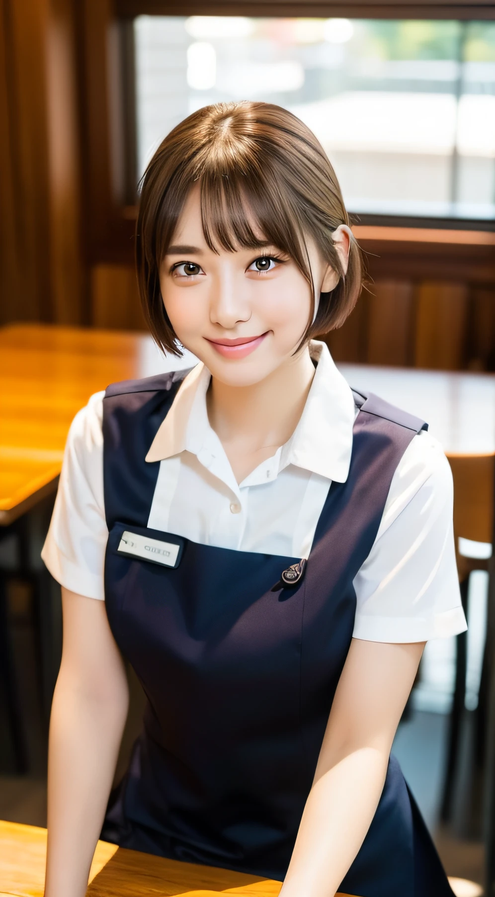 ((Natural Light, Top Quality, 8k, Masterpiece: 1.3)), Sharp Focus, 1 Girl, Slim Beauty: 1.2, Brown Hair, With Bangs, (Short Hair with Layer Cut), (Big: 1.5), Detailed Eyes, Beautiful Eyes with Slit Length, Double Eyelids, (Cat Face), (Cute Face), Cute Smile, (Close Mouth), (Cute), Soft Skin, Reflecting the whole body, Ultra Realistic, Ultra Detail, High Quality, ( A beautiful short-haired waitress who comes to the table to take orders), (((Detailed very cute waitress uniform)), (((Big that can be seen even from the top of the uniform))