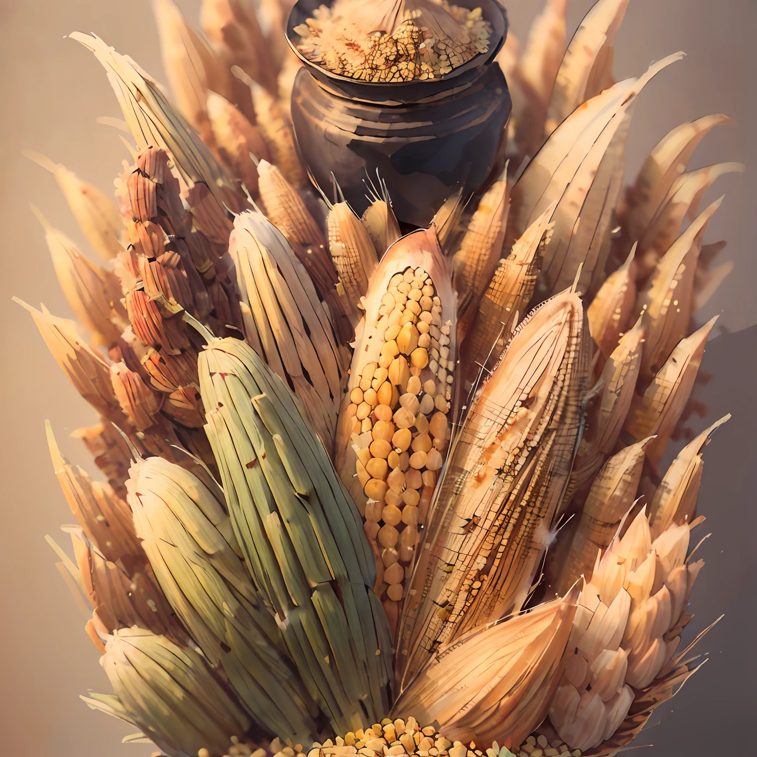 There are pictures of a bunch of grains, autumn harvest, rice, corn, mung beans, beautiful artwork illustrations, amazing food illustrations, Kurfus illustrations, color illustrations, islands made of grain, full color digital illustrations, digital paintings highly detailed, color full illustrations, portfolio illustrations, digital illustrations