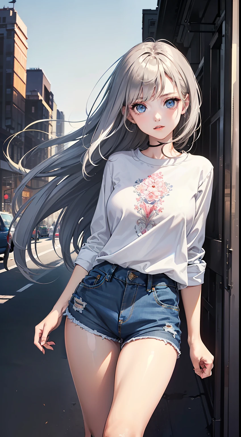 (female child:1.3) (extremely detailed CG unity 8k wallpaper:1.2) (masterpiece:1.3) (best quality:1.0) (ultra-ditaled:1.3) (((illustration))) (((official art))) (((high resolution))) ((extremely detailed shiny disheveled hair)) (contour deepening beautiful detailed glow) ((Beautiful detailed slender face)) (beautiful detailed eyes:1.2) (best shadow) (depth of field) (by famous artist) (production art) (award winning) (best illustration) (intense shadow) (an extremely delicate and beautiful) (beautiful smooth hair) (beautiful background) (glistening shining skin) (masterpiece:1.0) (best quality:1.0) (illustration:1.3), solo,, (dressed in a casual yet stylish outfit) (denim shorts, loose clothes, shirt pull, shorts pull) (A fashionable female child) (dynamic angle) (beautiful night New York city:1.3) detailed face (beautiful silver hair:1.1) (medium breasts:1.2) (very slender body:1.3) (slim) (beautiful eyes:1.3) (long eyelashes) (eye highlights) (long hair flowing with the wind)