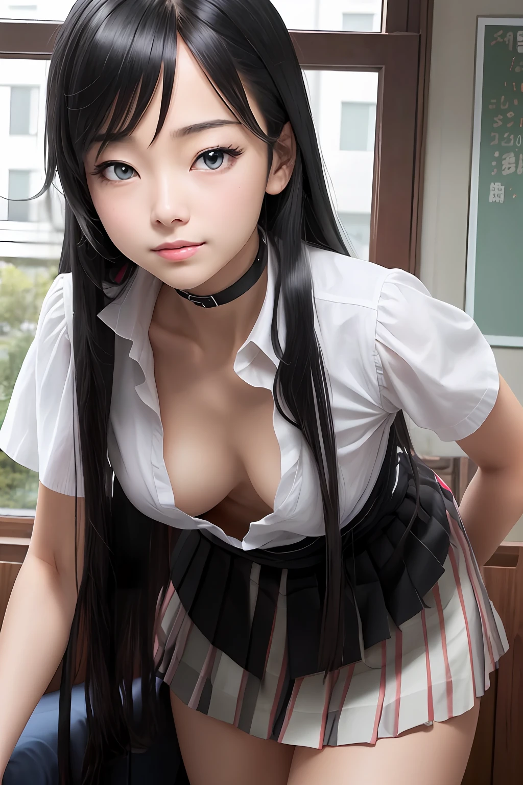 (masterpiece:1.2, best quality), 1girl, (make her yukino yukinoshita:1.5), smirk, slim, slender, green eyes, sharp eyes, small_breasts, flat_chest, leaning forward, facing viewer, from below, white shirt, pleated skirt, areola slip, down blouse, embarrassed, legs apart, very long black hair, ^ ^, school