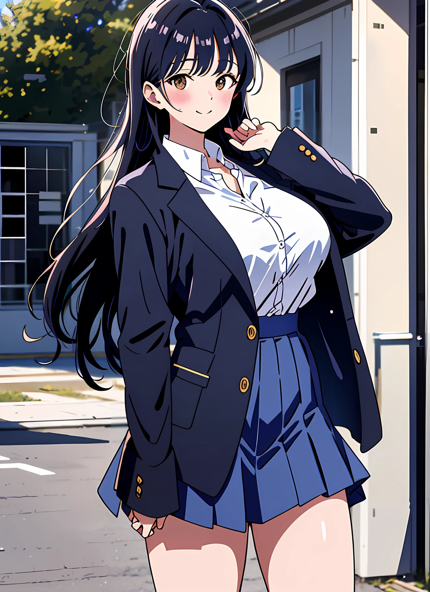 masterpiece, absurdres, ultra-detailed,  Yamada Anna, brown eyes, long hair, long sleeves, shirt, blue jacket, open clothes, large breasts, school uniform, looking at viewer, 1girl, blue skirt, skirt, black hair, pleated skirt, blazer, blush, white shirt, collared shirt, solo, trending on artstation, full body, outdoors, wind, trending on pixiv, hand on hips, smile, blush, anime screencap, miniskirt, p*s*y_outline, nipple_outline