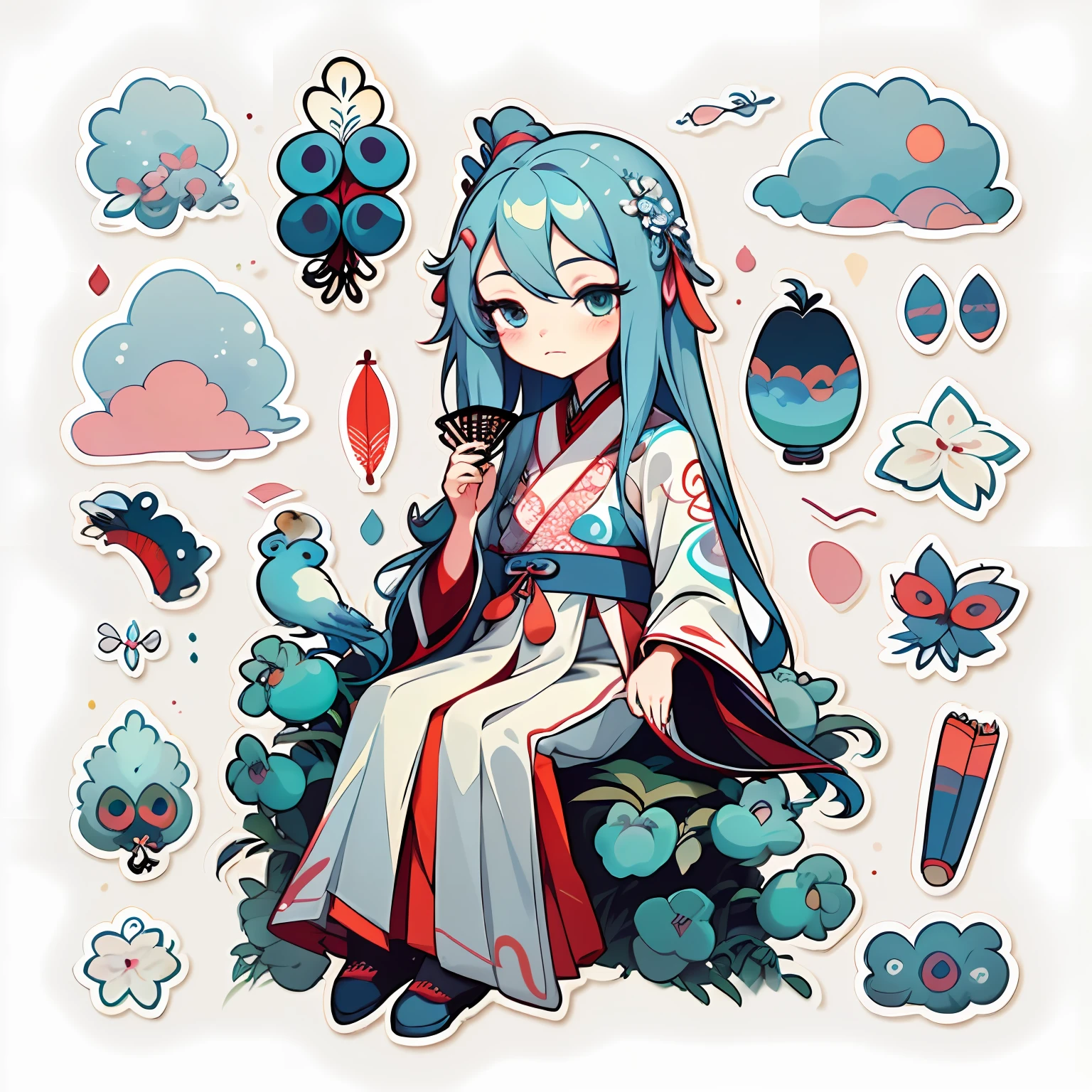 1 sticker, handbook, (sticker, 1 girl, Chinese Ming dynasty clothes, gorgeous collar top, pleated long skirt, hanfu, embroidery, peacock, hairpin, folding fan, feather, parts split), watercolor, white background, simple background, minimal, cute, tiny, pastel color, vector style, no gradient,