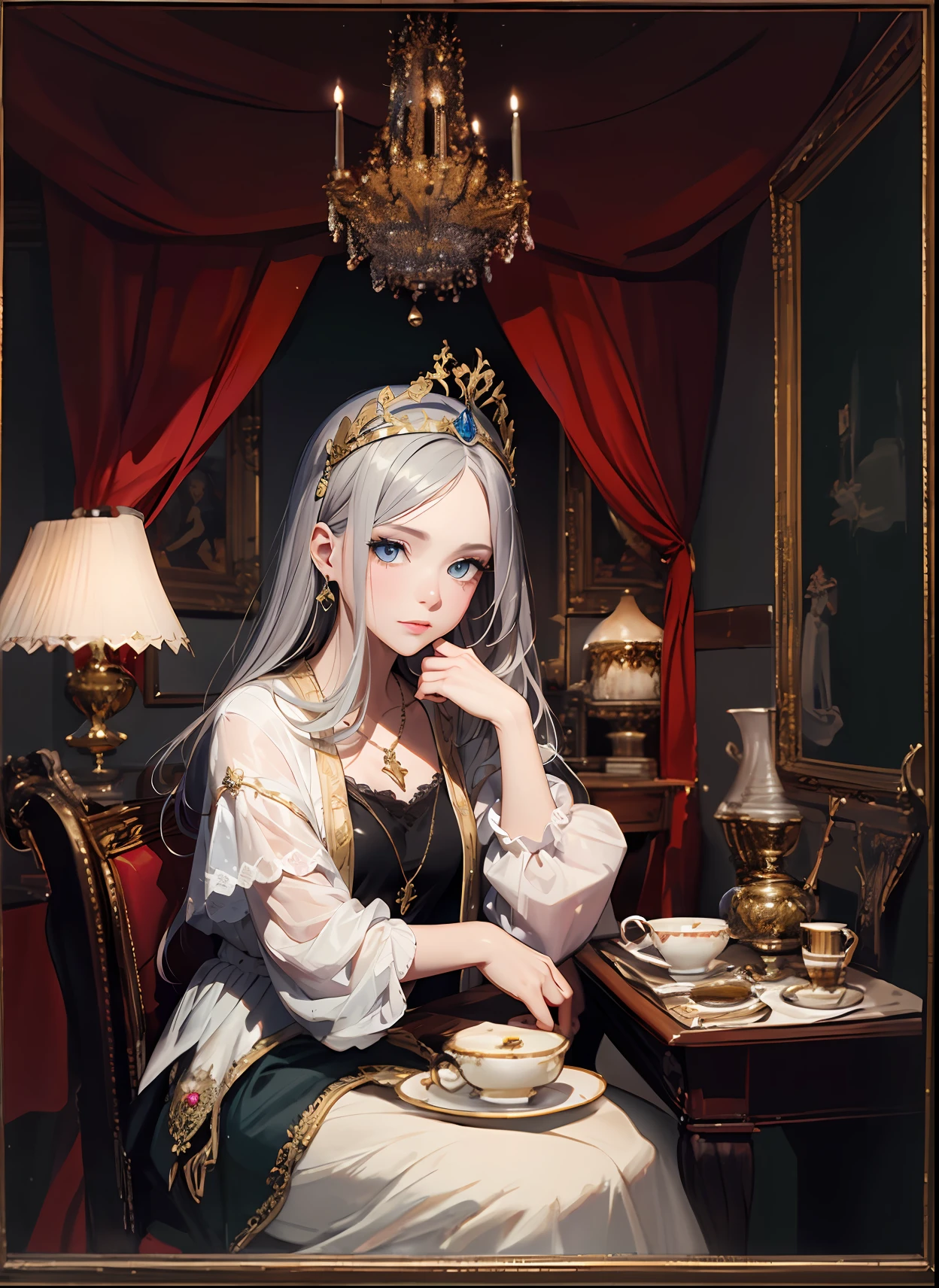 Ornate rococo furniture, paintings, tea set on desk