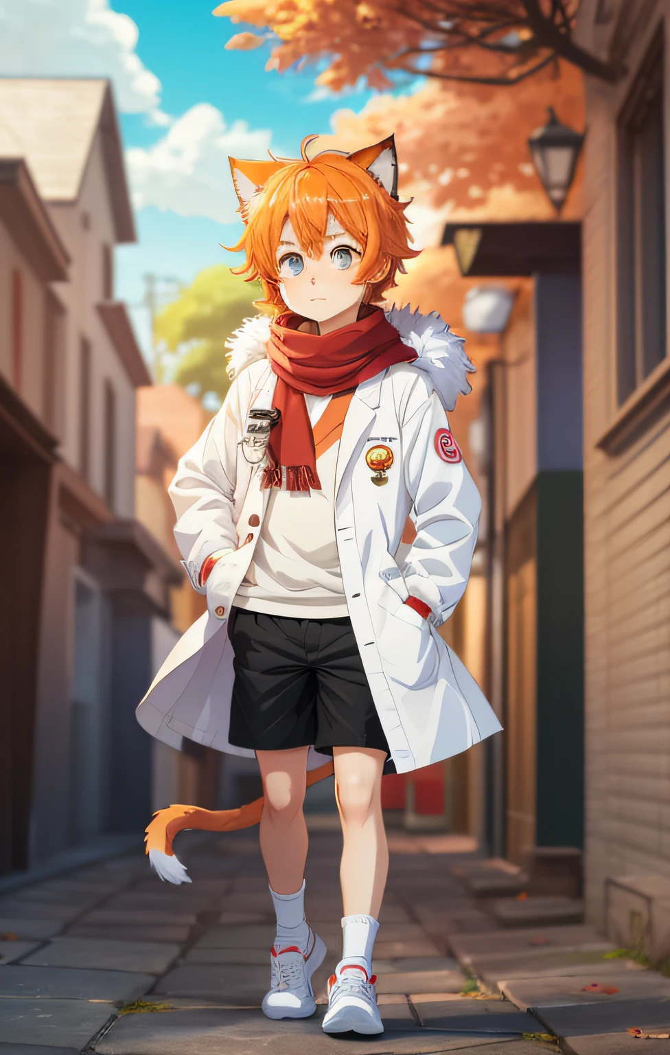 Anime boy with orange hair, high-quality fanwork, full body, sunny weather, cat ears, bright eyes, red scarf, white shirt, white coat, black shorts, cub, character focus, full body fur, fluffy tail, shonen, super cute face, bell, cat type, white socks, big eyes, blue pupils, sneakers