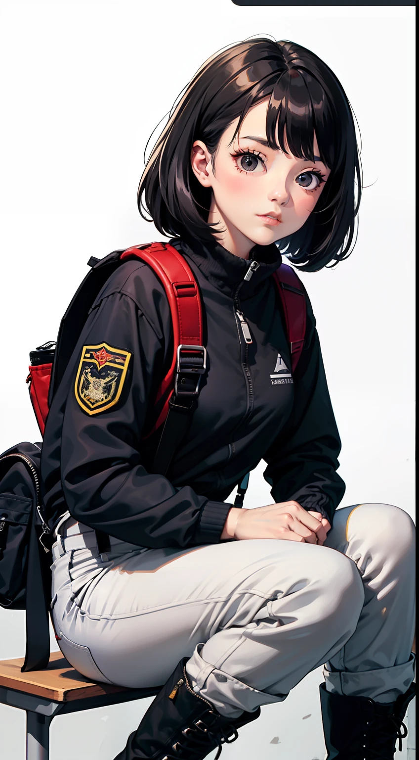 a girl ，Black hair, black eyes, black long hair, black sports jacket, black sports pants, professional soldier equipment, military equipment, black zipper, black suspenders, black Martin boots, black retro Martin boots, white background, white desert, sports trend, Black sports backpack, hacker girl, black denim, intricate patterns, clear hair, shiny hair, military base, intricate base, more pockets, snap closures, black braided cord