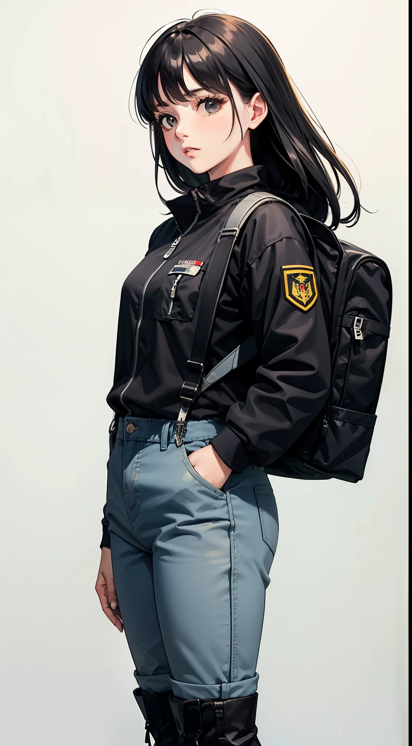 a girl ，Black hair, black eyes, black long hair, black sports jacket, black sports pants, professional soldier equipment, military equipment, black zipper, black suspenders, black Martin boots, black retro Martin boots, white background, white desert, sports trend, Black sports backpack, hacker girl, black denim, intricate patterns, clear hair, shiny hair, military base, intricate base, more pockets, snap closures, black braided cord