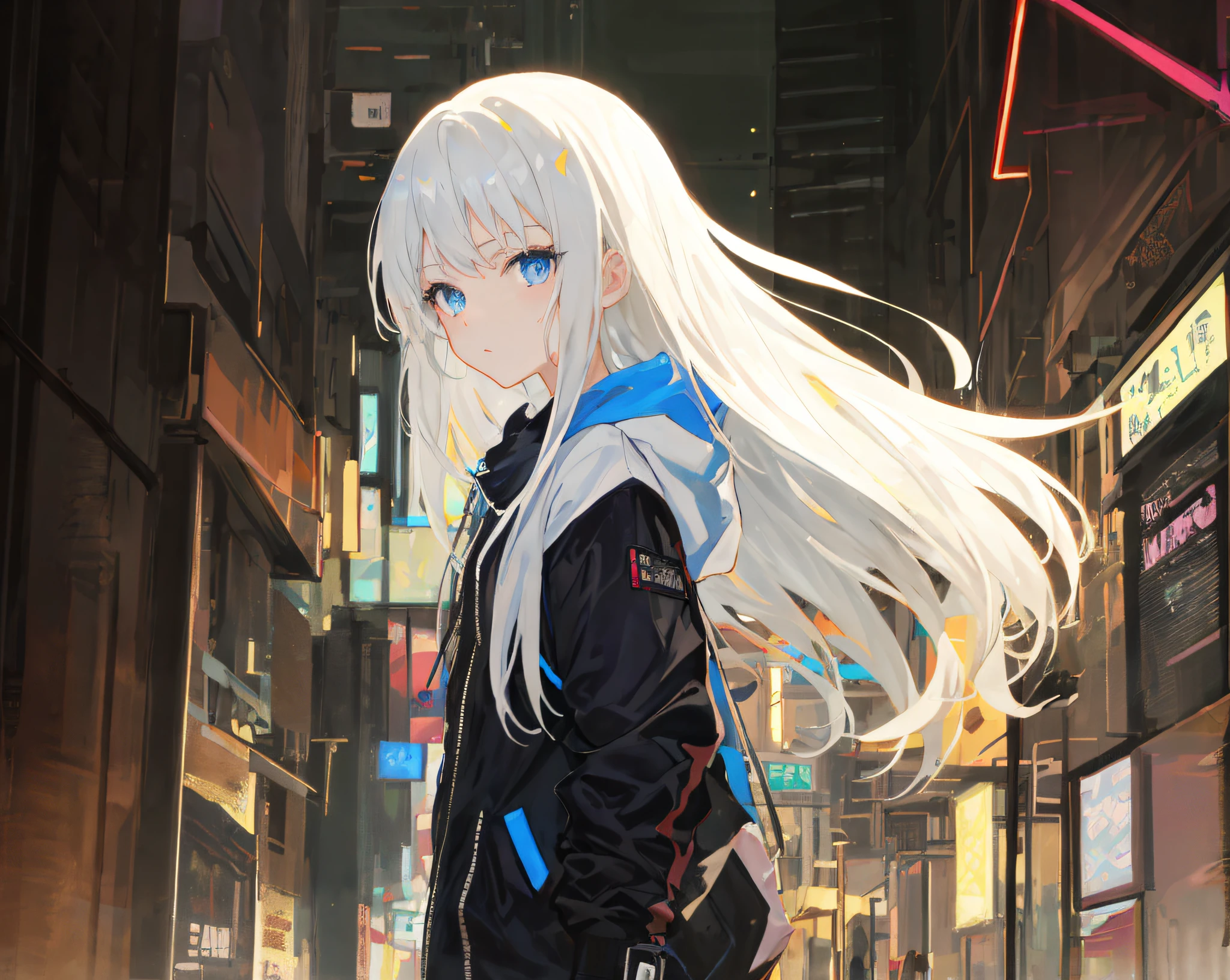 anime girl with long white hair and blue eyes in a city, anime style 4 k, digital cyberpunk anime art, anime art wallpaper 8 k, anime art wallpaper 4k, anime art wallpaper 4 k, 4k anime wallpaper, badass anime 8 k, best anime 4k konachan wallpaper, anime cyberpunk art, anime wallpaper 4k, anime wallpaper 4 k