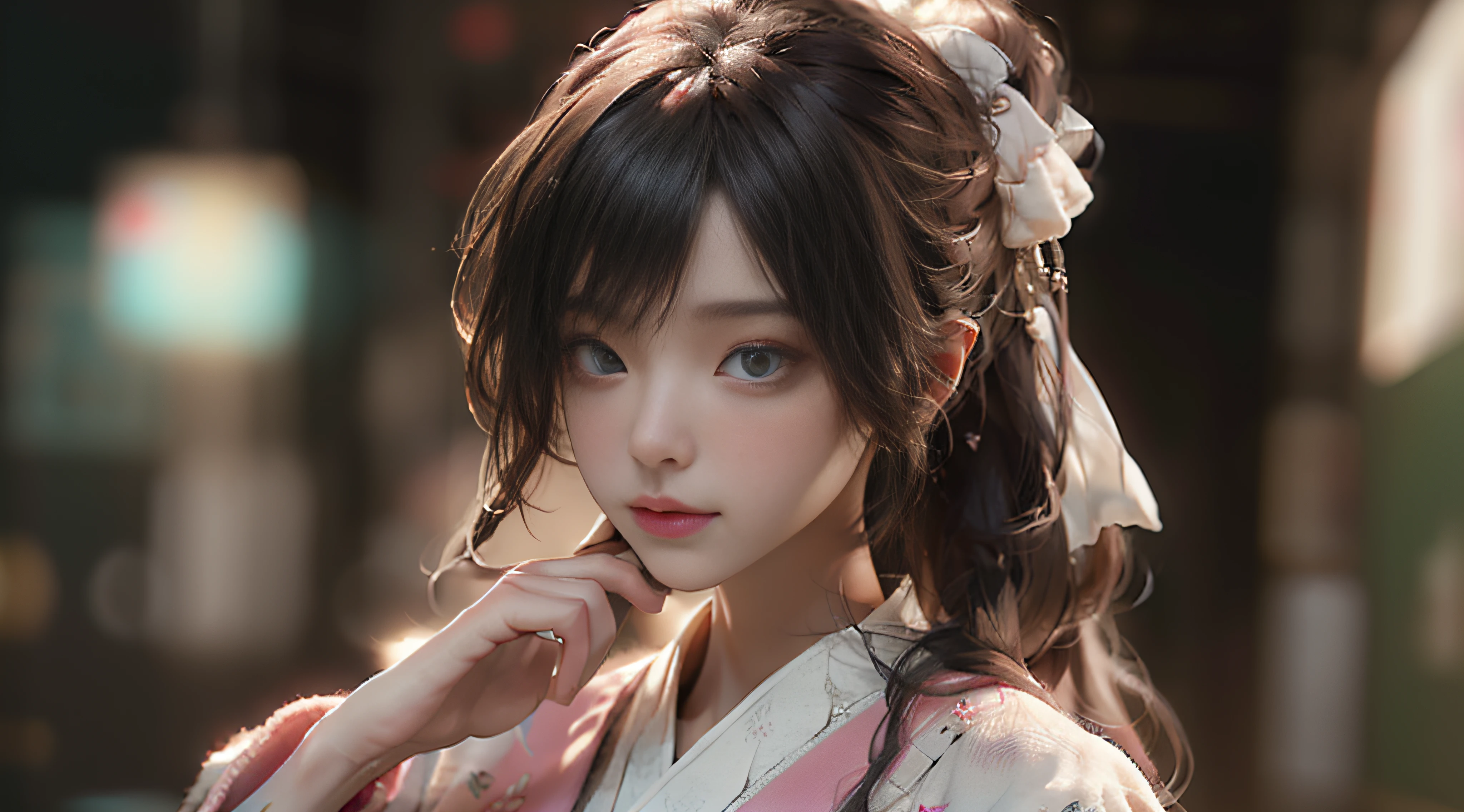 ((Best Quality)), ((Masterpiece)), (Detail: 1.4), 3D, Beautiful Cyberpunk Female Image, HDR (High Dynamic Range), Ray Tracing, NVIDIA RTX, Super Resolution, Unreal 5, Subsurface Scattering, PBR Texture, Post-Processing, Anisotropic Filtering, Depth of Field, Maximum Sharpness and Sharpness, Multi-layer Texture, Albedo and Highlight Mapping, Surface Coloring, Mitsu-Accurate Simulation of Material Interactions, Perfect Proportions, Octane Rendering, Two-color Light, Large Aperture, Low ISO, white balance, regular three-point, 8K RAW, beautiful bright pupils, flowing robe, fine pupils, delicate face and eyes, long eyelashes, blush, fluffy hair, pink lips
