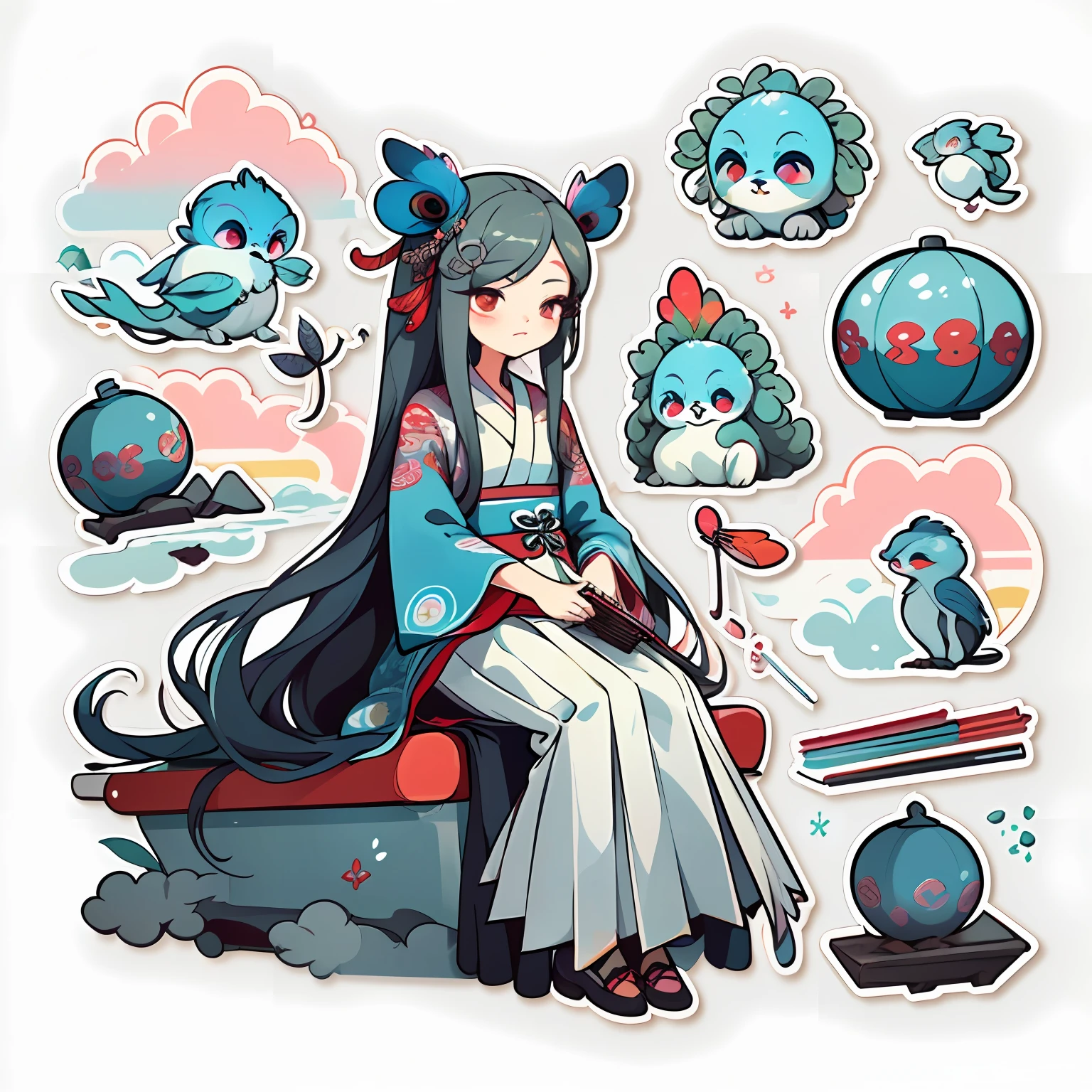 1 sticker, handbook, (sticker, 1 girl, Chinese Ming dynasty clothes, gorgeous collar top, pleated long skirt, hanfu, embroidery, peacock, hairpin, folding fan, feather, parts split), watercolor, white background, simple background, minimal, cute, tiny, pastel color, vector style, no gradient,