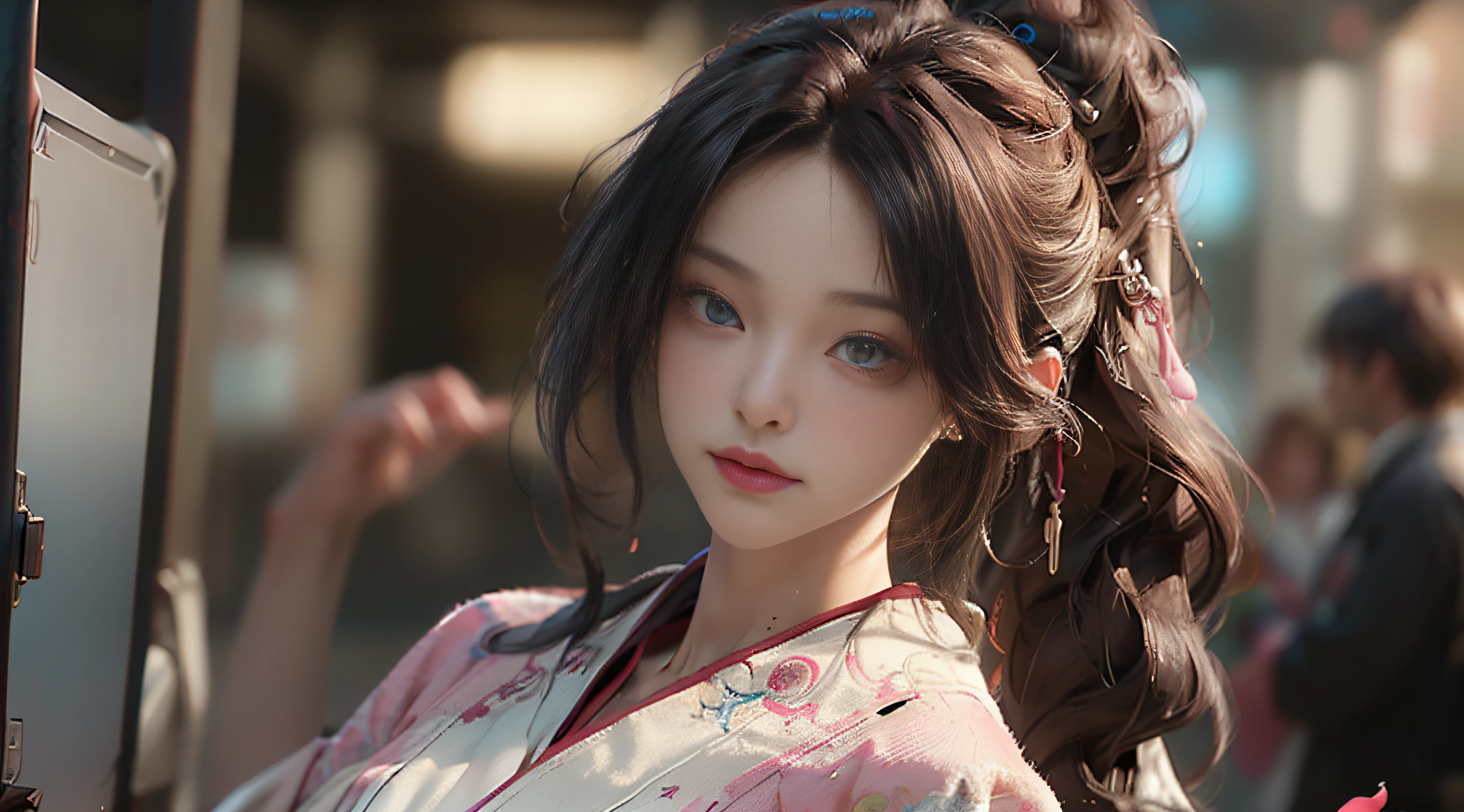 ((Best Quality)), ((Masterpiece)), (Detail: 1.4), 3D, Beautiful Cyberpunk Female Image, HDR (High Dynamic Range), Ray Tracing, NVIDIA RTX, Super Resolution, Unreal 5, Subsurface Scattering, PBR Texture, Post-Processing, Anisotropic Filtering, Depth of Field, Maximum Sharpness and Sharpness, Multi-layer Texture, Albedo and Highlight Mapping, Surface Coloring, Mitsu-Accurate Simulation of Material Interactions, Perfect Proportions, Octane Rendering, Two-color Light, Large Aperture, Low ISO, white balance, regular three-point, 8K RAW, beautiful bright pupils, flowing robe, fine pupils, delicate face and eyes, long eyelashes, blush, fluffy hair, pink lips
