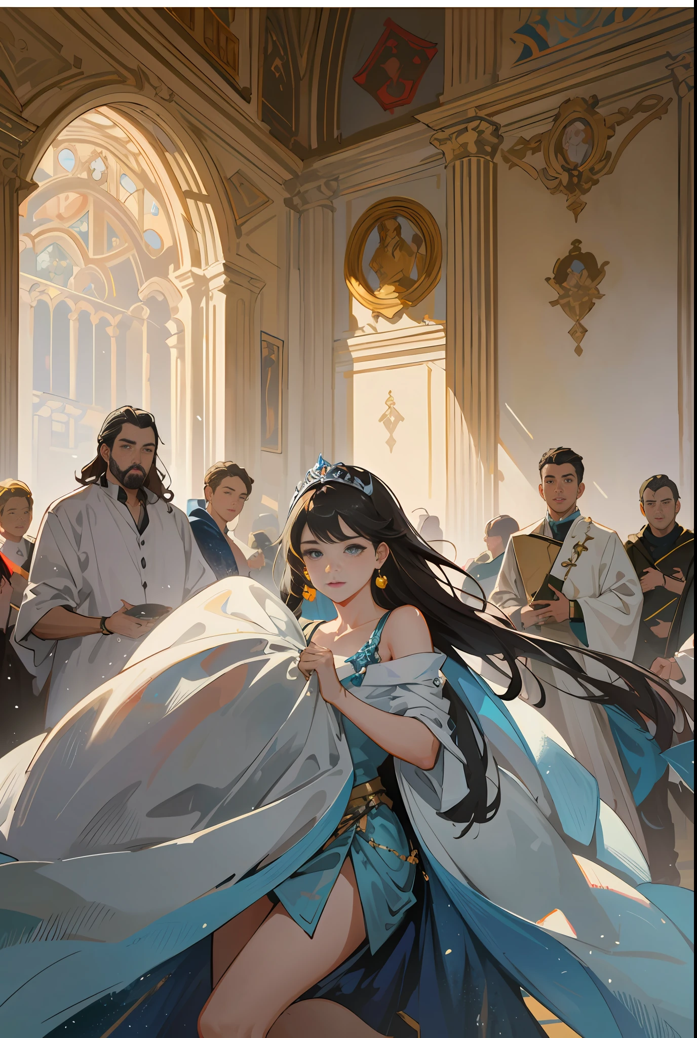 Model shooting style, (extremely detailed CG Unity 8k wallpaper), full-shot body photo of the most beautiful artwork in the world, stunning beautiful photo realistic available, super realistic super detailed photo, a beautiful girl as a female dancer entering the Loggia dei Lanzi of Florence,complex dress, banquet, crowd, [slight smile], (Sculpture of Hercules background), (princess eyes, shining pupils), detailed symmetrical beautiful hazel eyes, detailed gorgeous face, highly detailed, Vibrant, professional majestic oil painting by Ed Blinkey, Atey Ghailan, Studio Ghibli, Jeremy Mann, Greg Manchess, Antonio Moro, ArtStation Trends, CGSociety Trends, Complex, High Detail, Sharp Focus, Dramatic, Realistic Painting Art, by Midjourney and Greg Written by Rutkowski