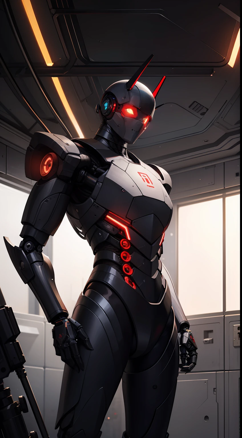 masterpiece,(bestquality),highlydetailed,ultra-detailed,(black and red tones),led,(sci-fi),(futuristic),( mechanical, cool,),(metallic and plastic materials),(antennas and buttons)，(in a space station:0.8),(exploring and learning new things), 
cowboy shot, (creature design, cyborg,:1.1), (intricate abstract upper body intricate artwork:0.5),