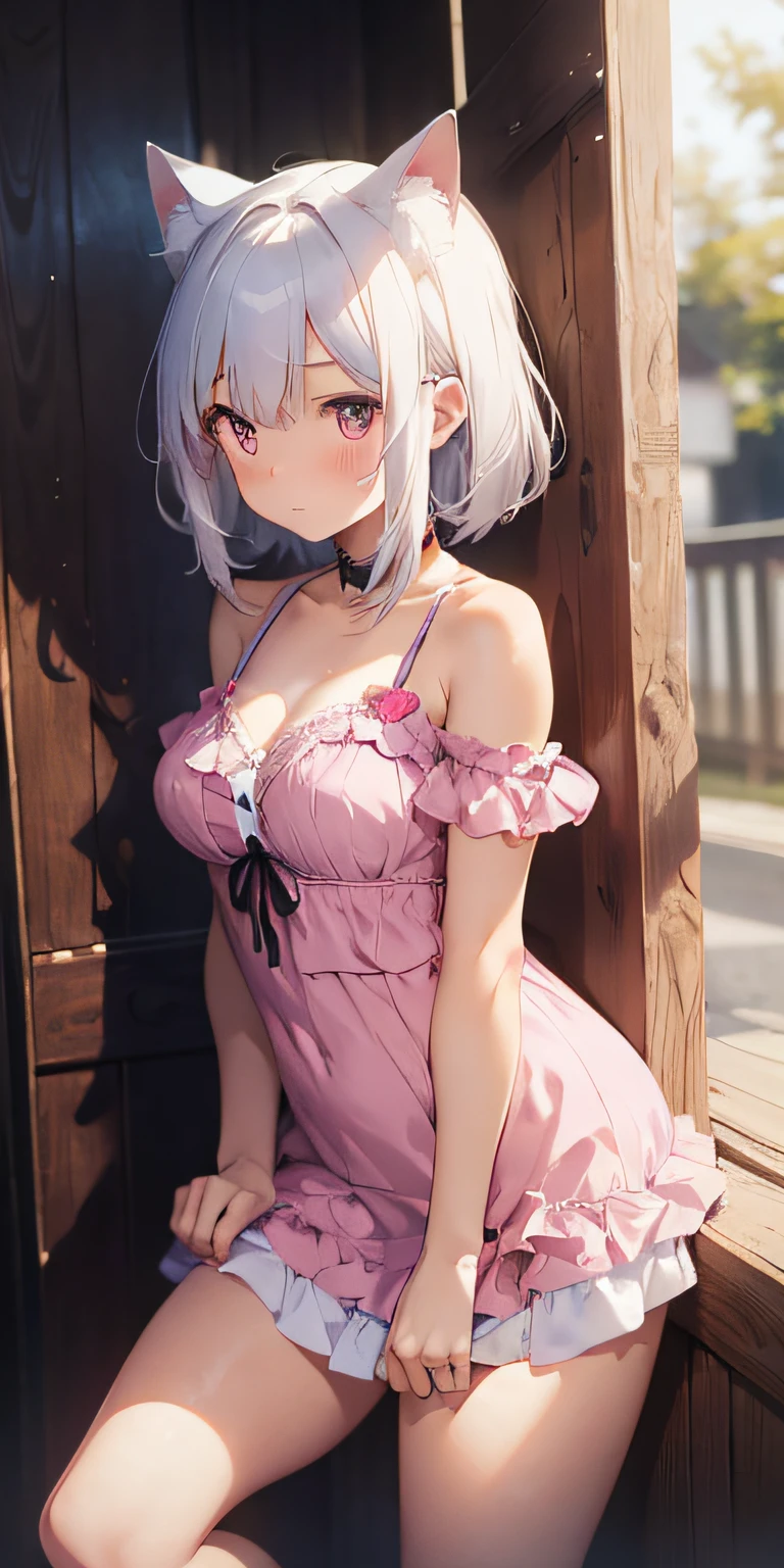 Anime girl with white hair and cat ears, ruby eyes, shyness, blush, medium breasts, bare legs, shoulders, pink dress, side view, high contrast, soft light, masterpiece, extraordinary good