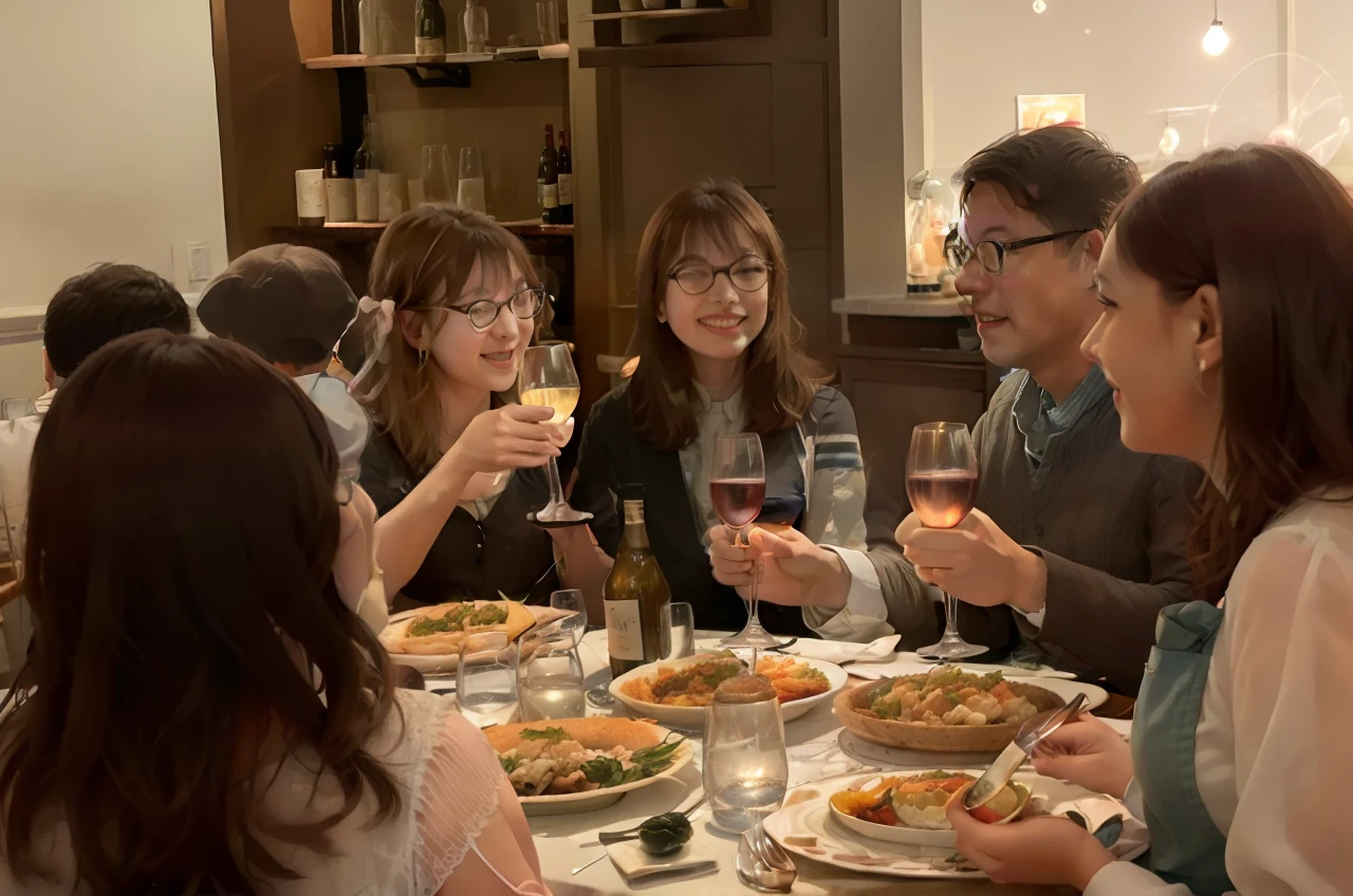 several people are toasting wine glasses at a table with food, mixed art, 3delight, people inside eating meals, entertaining, lifestyle, sparkling atmosphere, cheerful atmosphere, having a good time, scene from a dinner party, shot with canon eoa 6 d mark ii, beginner, award-winning masterpiece, competition winning, ad image, how to, scintillating