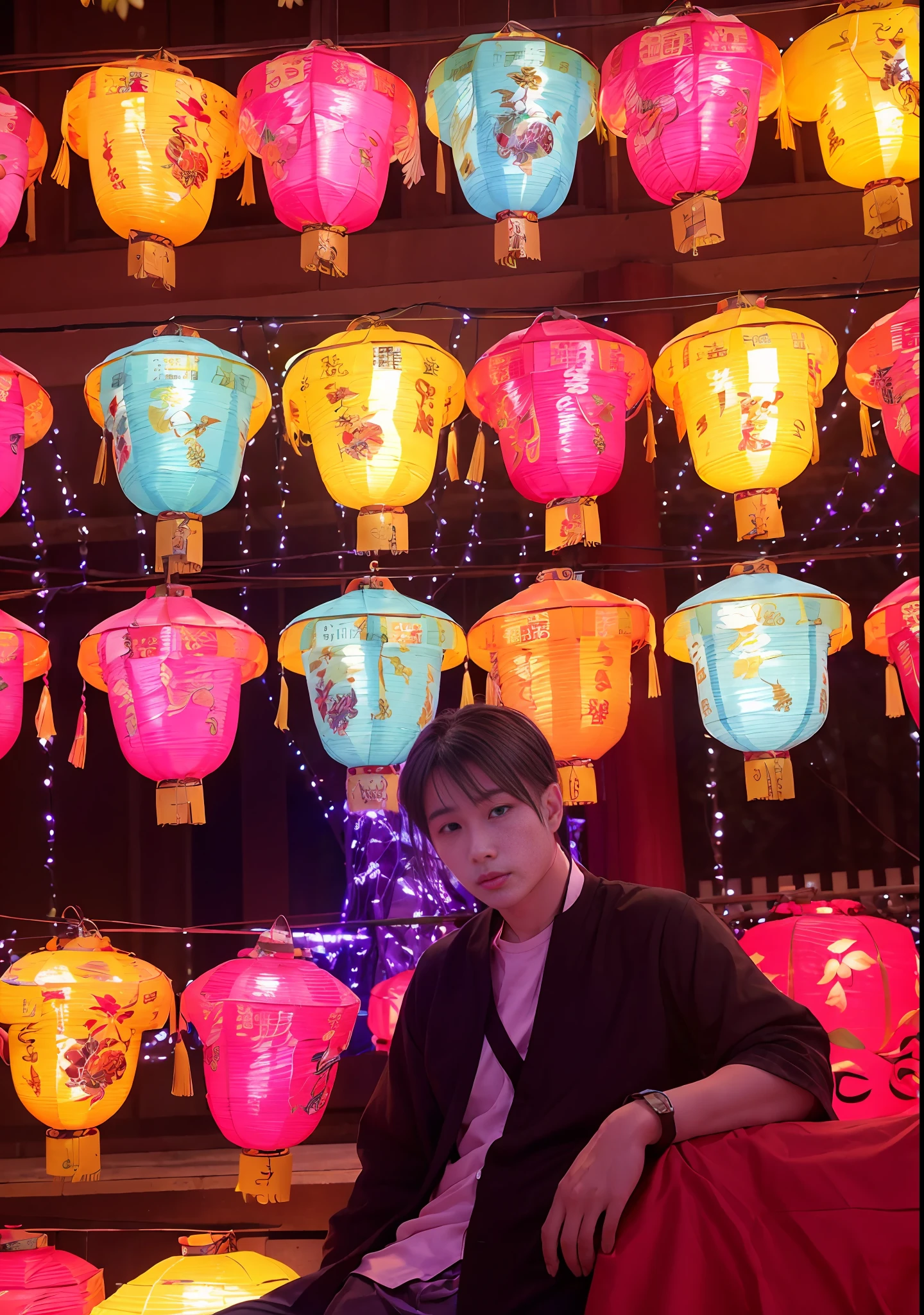 arafed man sitting on a bed in front of a wall of lanterns, colorful lanterns, street lanterns are shining, chinese lanterns, with paper lanterns, glowing lanterns, lanterns, colorful paper lanterns, street lanterns glow, tea drinking and paper lanterns, glowing with colored light, holding a lantern, hanging lanterns, colourful, yellow lanterns, chinese new year in shanghai