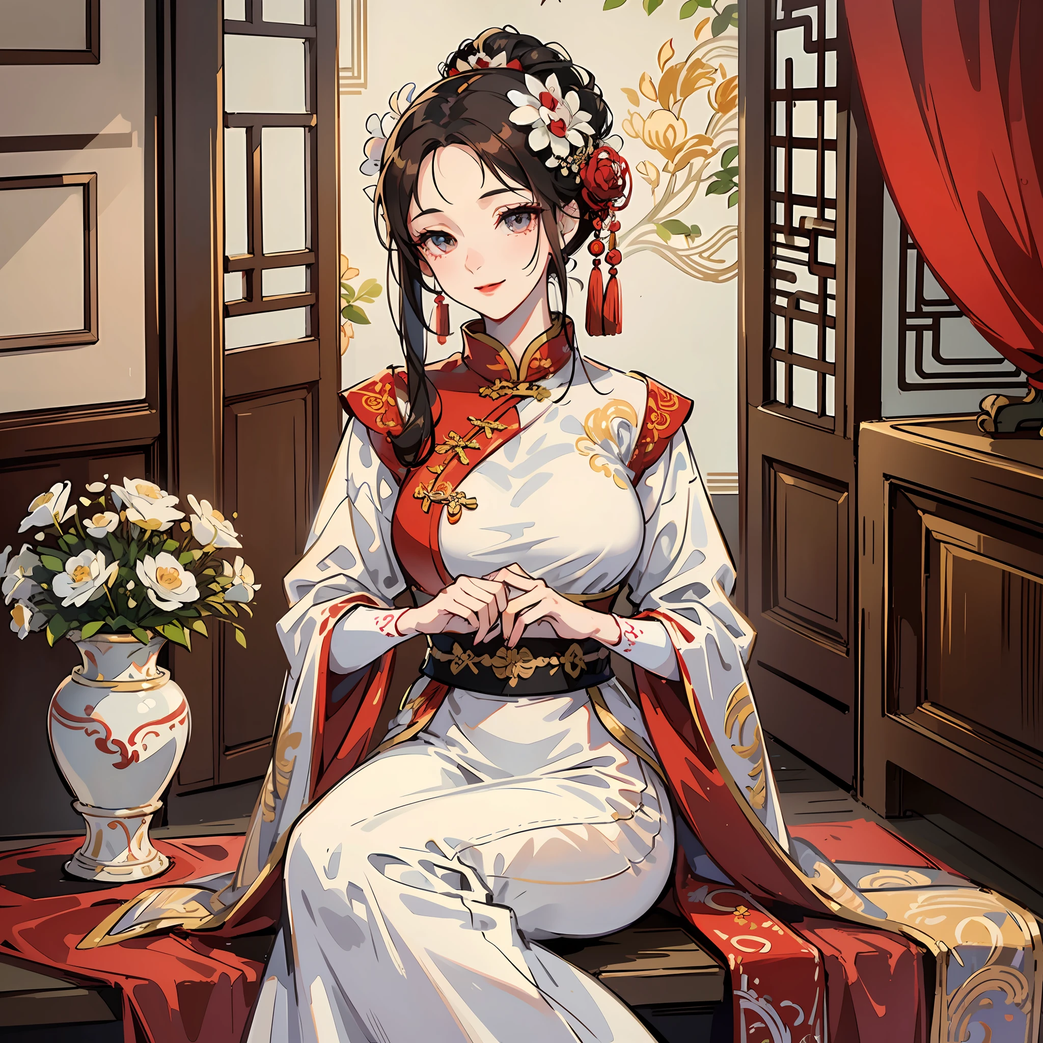 Masterpiece, Superb Style, Warm Light, 1 Mature Woman, Chinese Style, Antique Chinese, Sister, Royal Sister, Smile, Brunette Hair, Updo, Red Lips, Calm, Intellectual, Princess Scissors, Hairpins, Hair Flower, Detailed Facial Details, Detailed Eyes, Full Body, White Tones --auto --s2