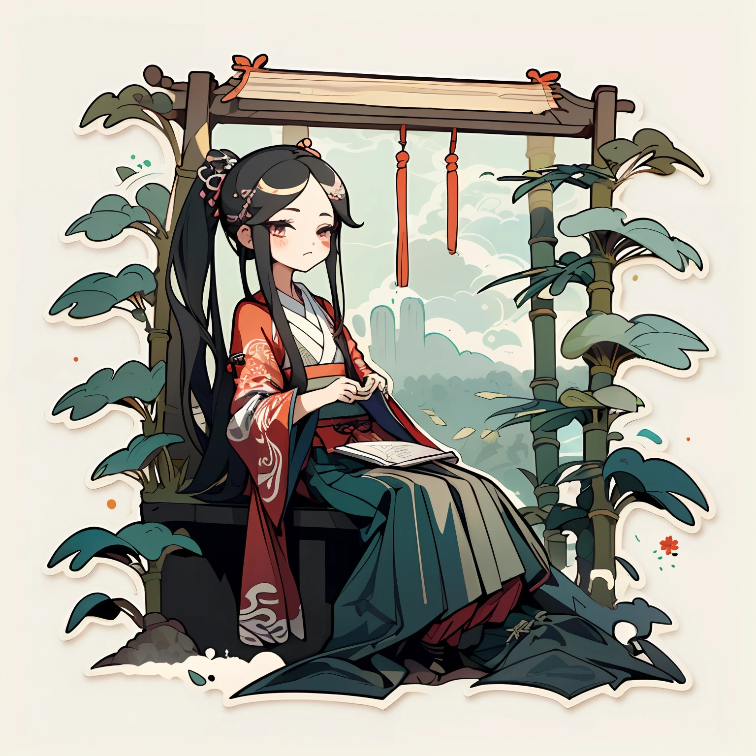 1 sticker, handbook, (sticker, 1 girl, Chinese Ming dynasty clothes, gorgeous collar top, pleated long skirt, hanfu, embroidery, hairpin, oil-paper umbrella, bamboo, moss, pavilion, parts split), watercolor, white background, simple background, minimum, cute, tiny, pastel color, vector style, no gradient,